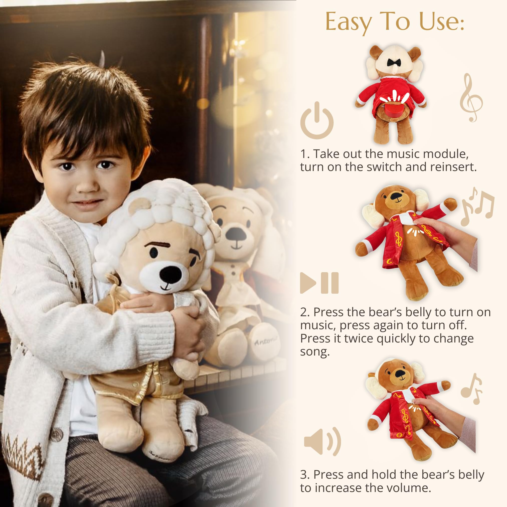 Ours Virtuoso de Brahms – Peluche bi-mode avec fonctions musique et confort, joue 40 minutes de musique classique et de bruit blanc pour calmer et apaiser les bébés