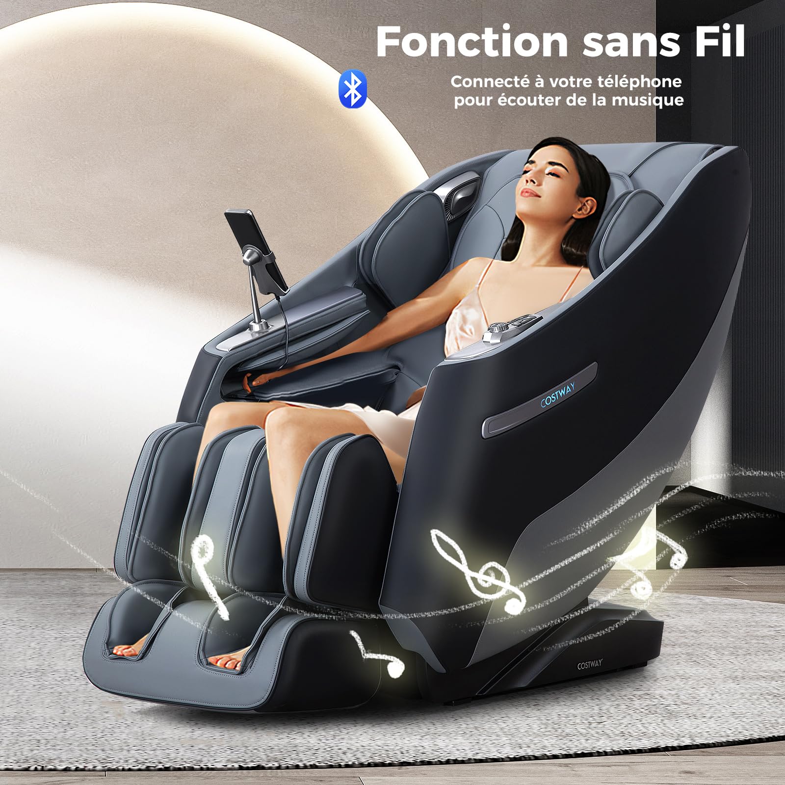 COSTWAY Fauteuil de Massage Électrique, Fauteuil de Massage Inclinable Rail SL avec 12 Modes Automatiques 5 Techniques de Massage Chauffage et Rouleaux Télécommande Haut-Parleur (Noir)