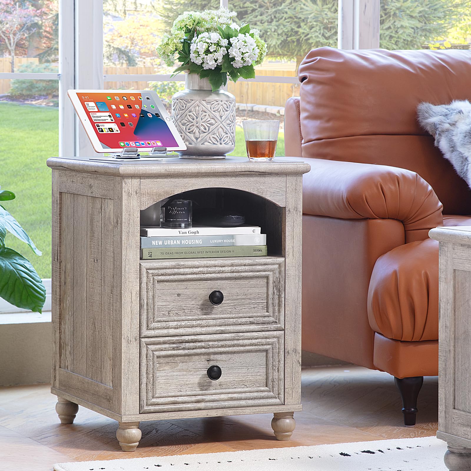 RWYHG 18" Farmhouse Night Stand with Charging Station, Gray Wood Nightstand with 2 Drawers, Bedside End Table with Shelf Storage, Bed Side Tables Cabinet for Bedroom, Living Room, and Closet