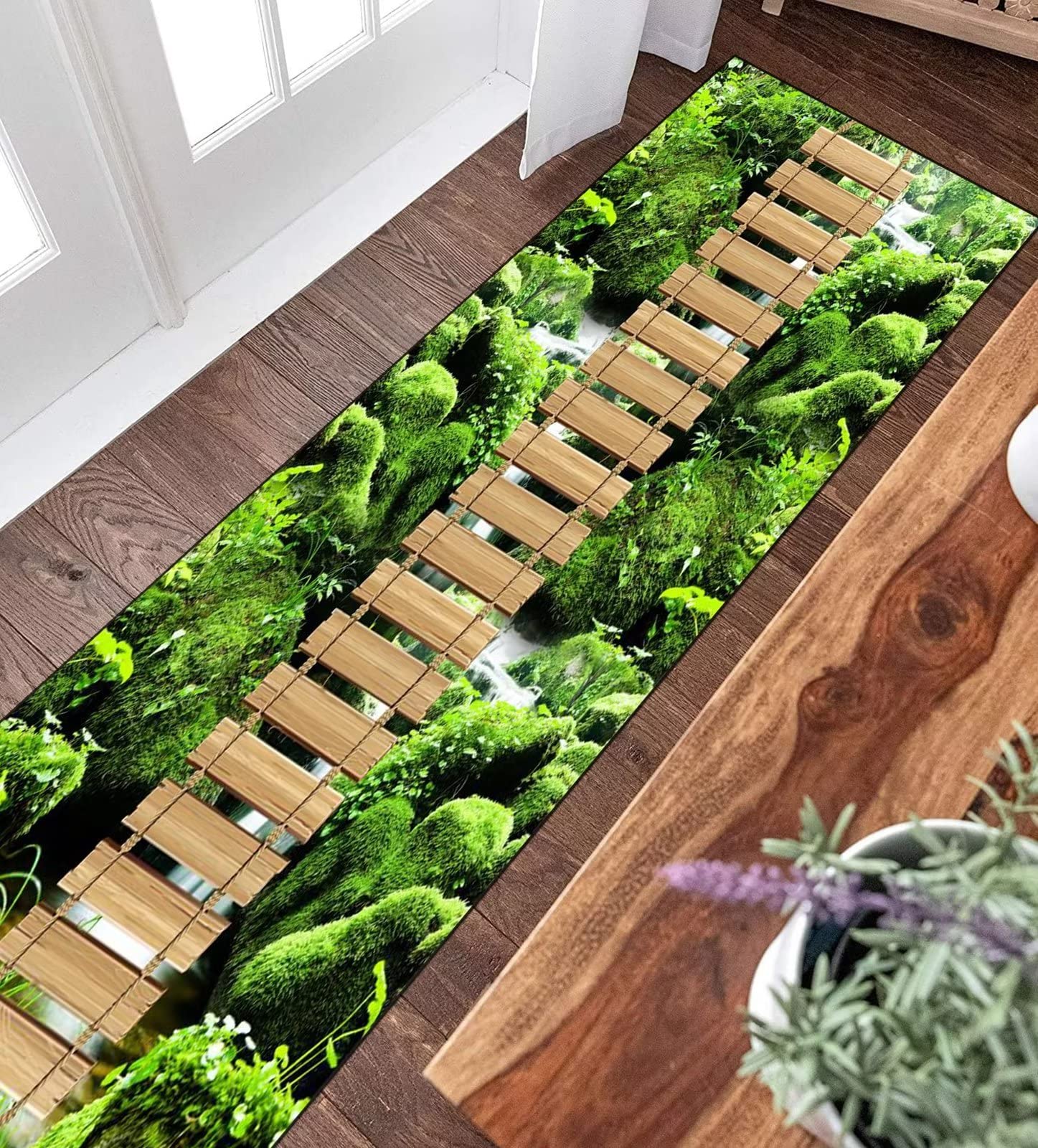 ZUZEKU Vintage groene loper voor in de gang, keuken, wasbaar, antislip, 100 x 400 cm lang, effen kleur, abstract patroon, keukentapijt, voor in de gang, de woonkamer, slaapkamer, per meter aanpasbaar