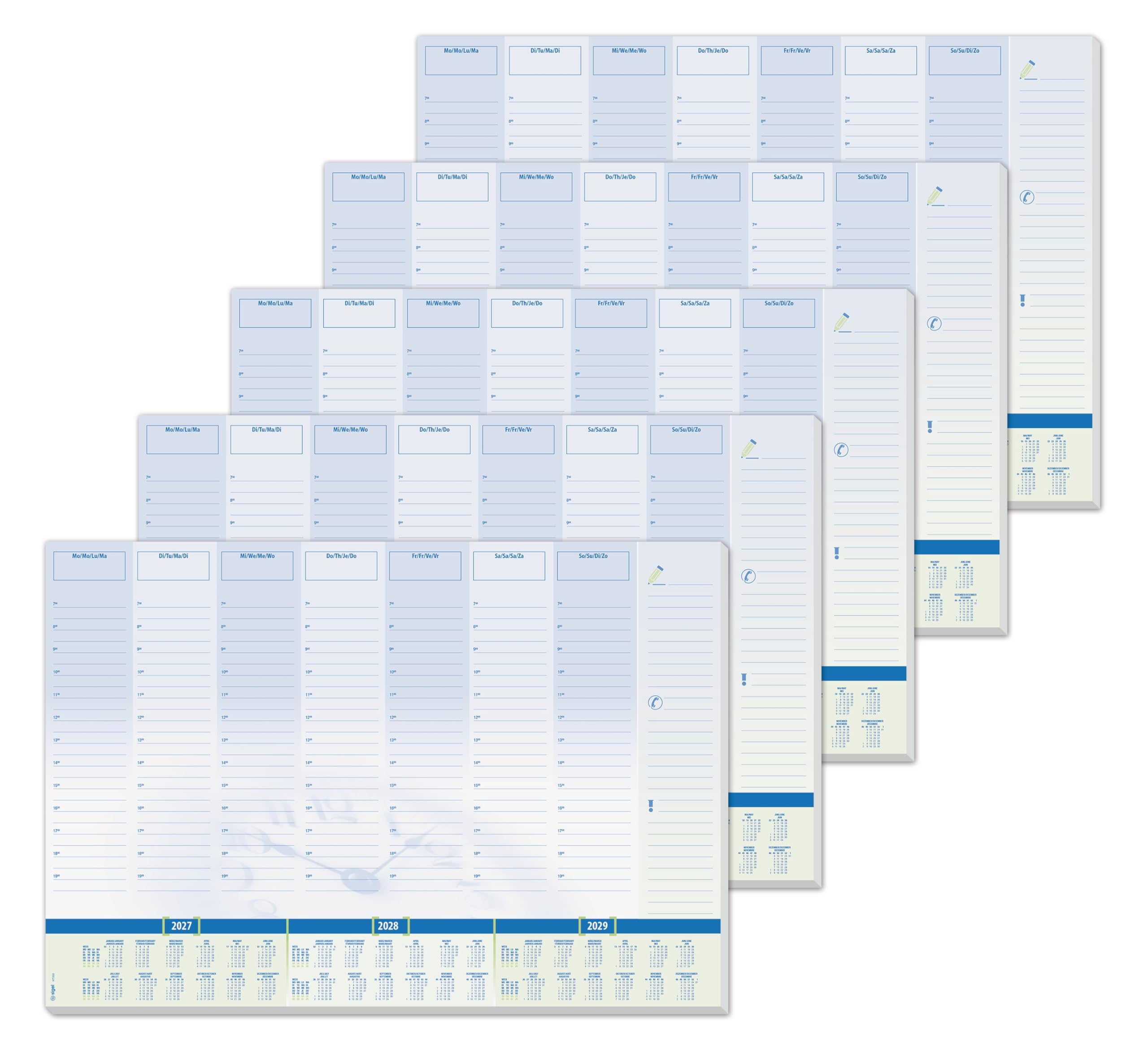 SIGEL Sous-main papier 2027/2028/2029 A2 | H7350/5, lot de 5, planning semainier avec grille horaire, bleu et blanc, 5 x 30 feuilles