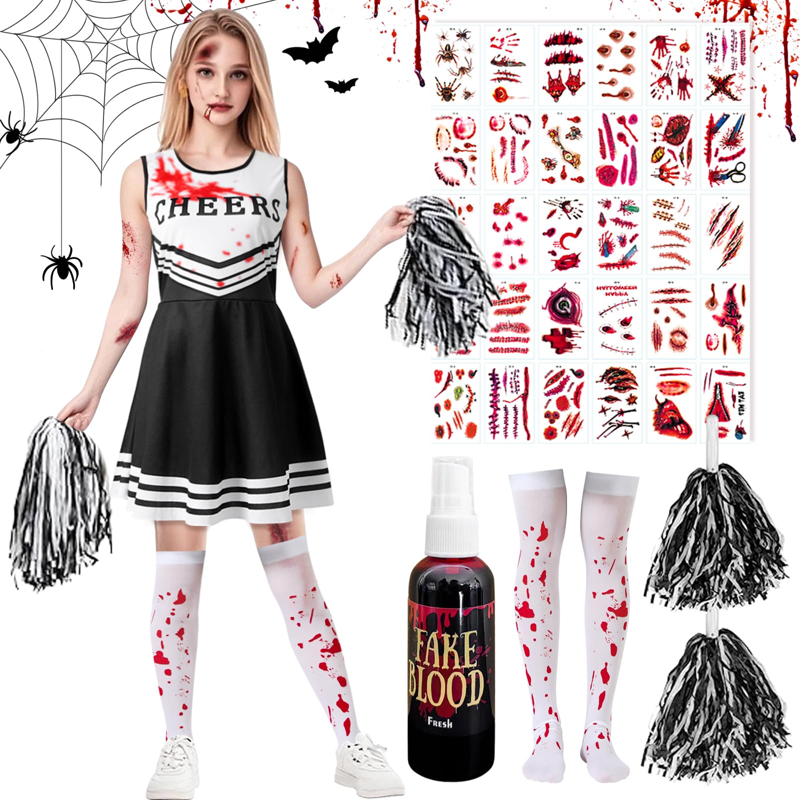 DUOLAM Halloween Zombie Cheerleader Costume for Girls: Vampire Cheerleader Costume - Zombie Fearleader Cosplay Outfit Horror High School Costumes for Scary Halloween Party Dress Up (L)