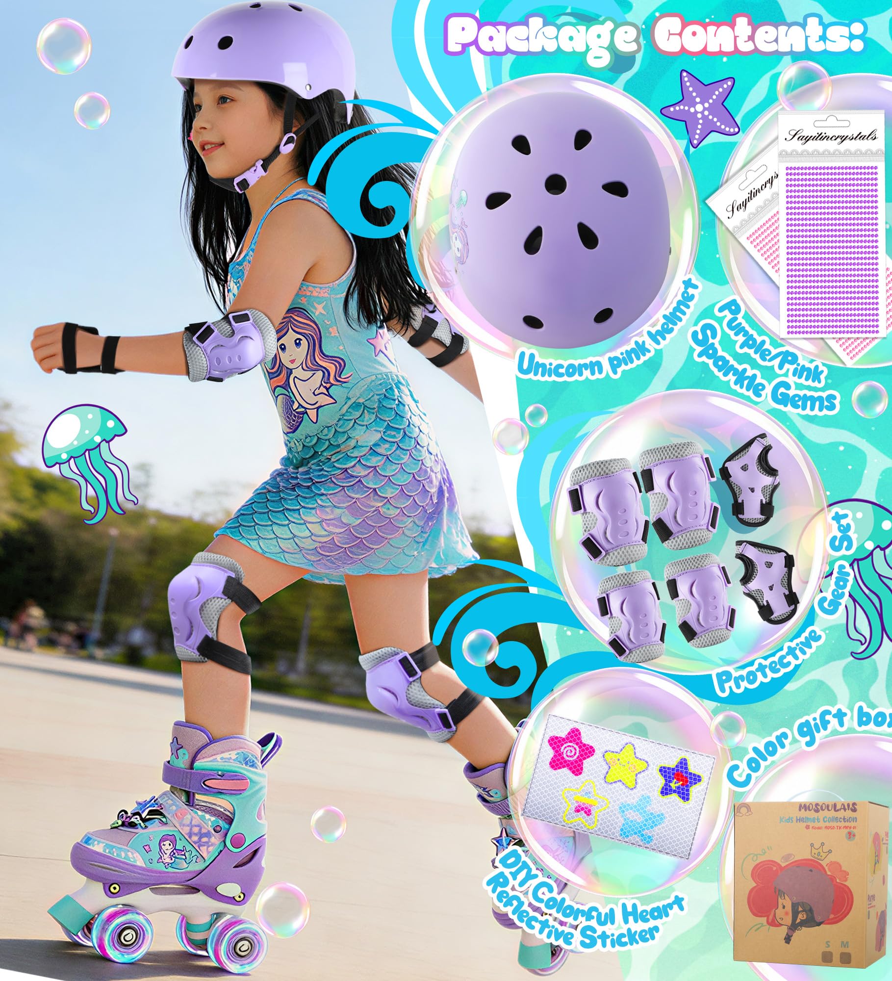 Sirène Casque Vélo Enfant Ajustable Genouillères Enfant Ensemble de Protections équipement de Protection de Sport Genou Coude Poignets pour Skateboard Roller Scooter Patins Trottinette