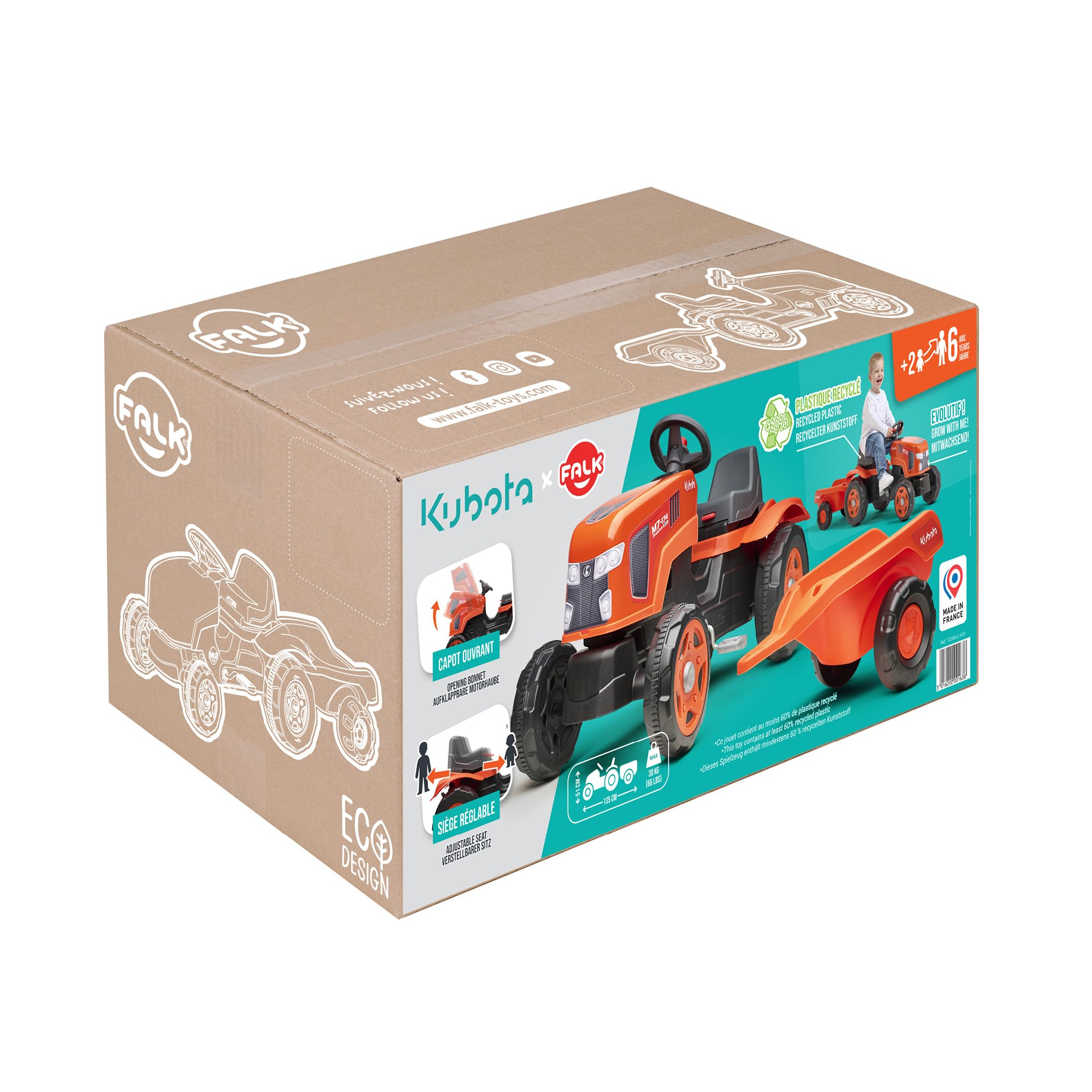 Falk Kubota Traktor mit Pedalen für Kinder, mit Anhänger, ab 2 Jahren | Haube zum Öffnen und verstellbarer Sitz