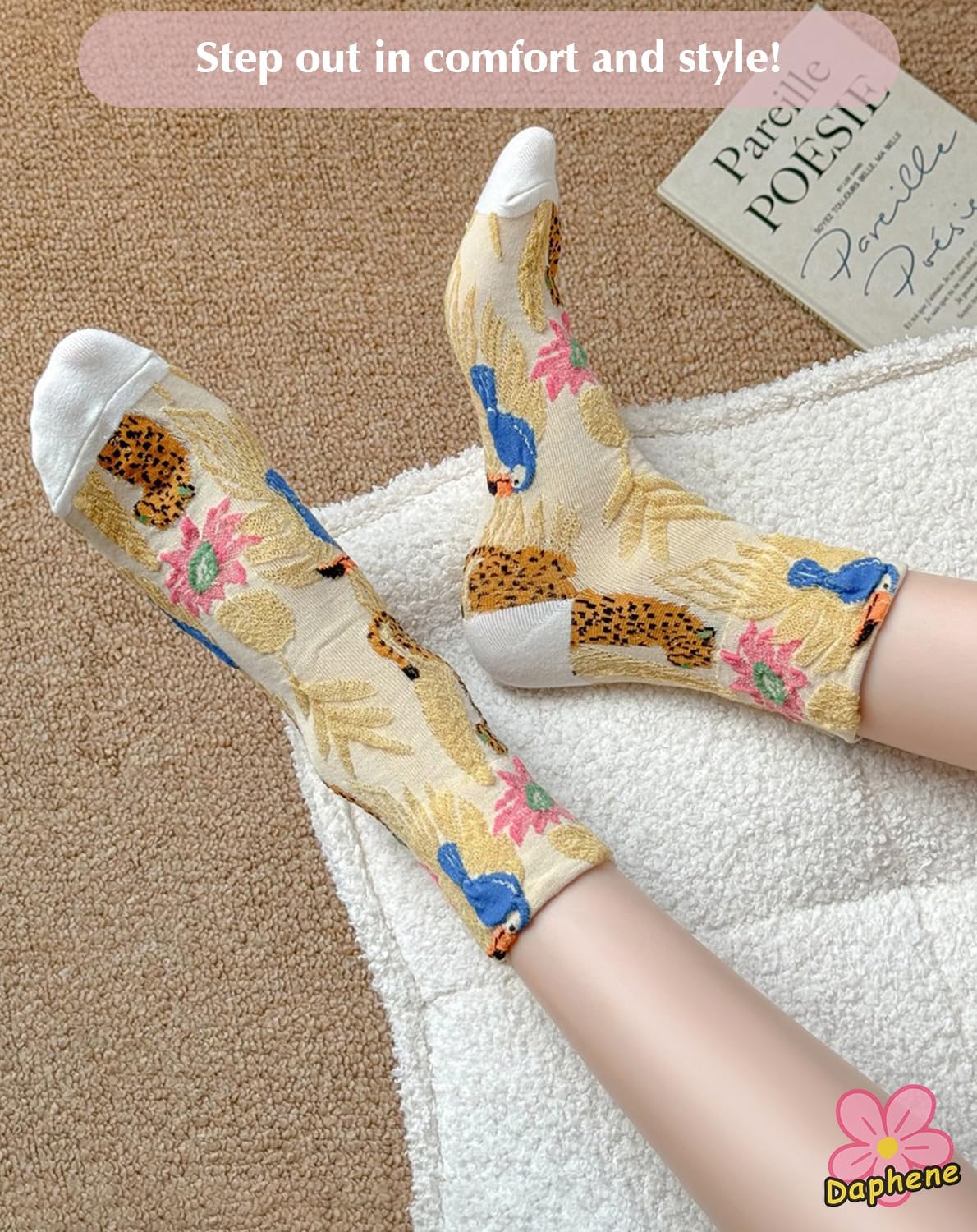Daphene Womens Retro Floral Socks | Cozy Cotton Vintage Jacquard Patterns | Stretch Breathable Skin-Friendly | Holiday Gift - Image 2