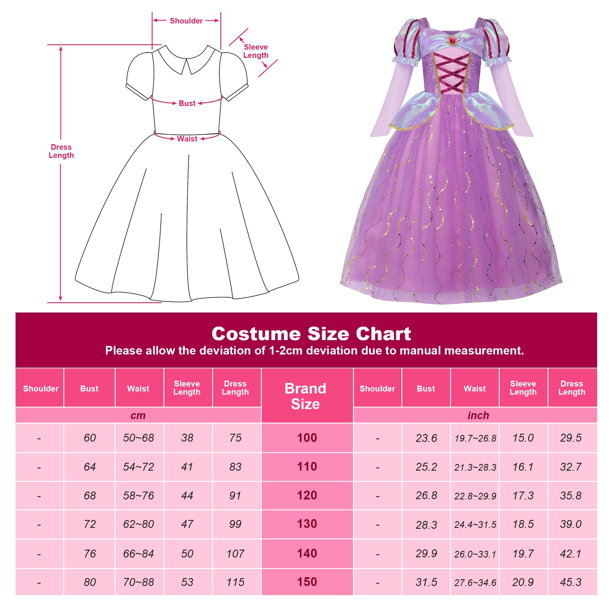 ReliBeauty Costume Principessa Bambina 3-12 anni Vestito Carnevale Maniche Lunghe Abito Lilla con Parrucca, Accessori e Borsetta Cosplay Festa Compleanno