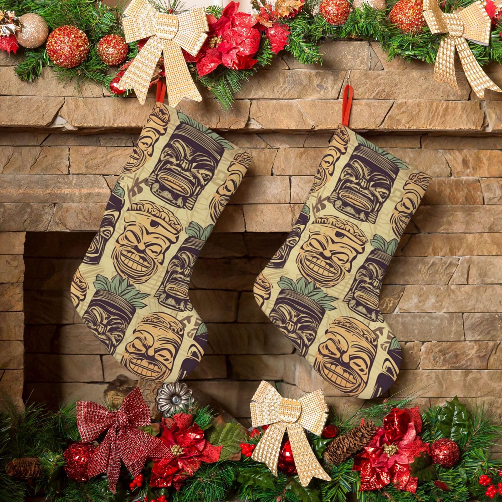 KLOPH Christmas Stockings 18" Personalized Xmas Stocking Vintage Aloha Tiki Pattern Decoration Stocking Hanging Fireplace Stocking for Holiday Xmas Tree Christmas Fireplace Decor