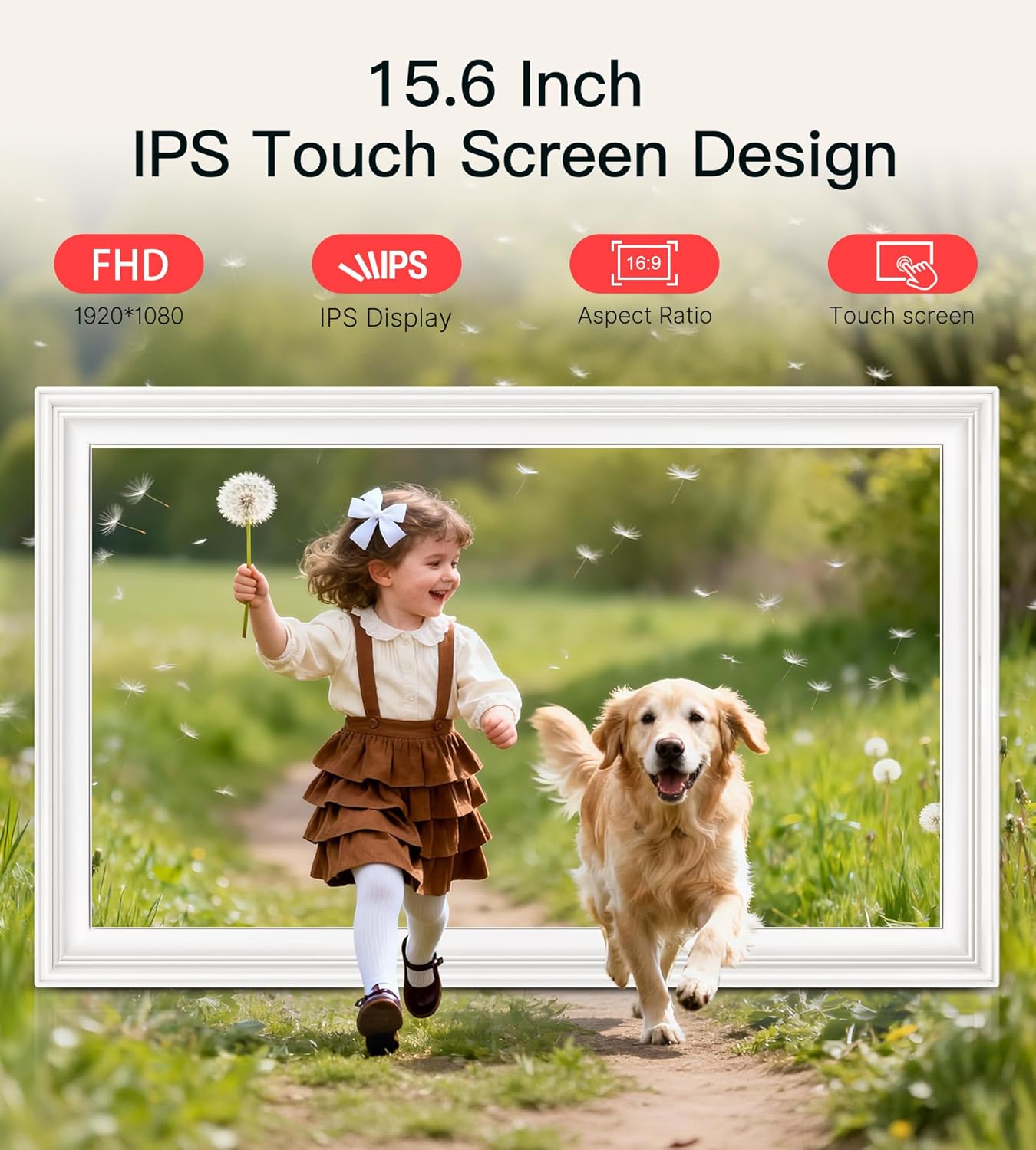 BIGASUO Digital Picture Frame 15.6" Frameo 64GB Large WiFi Electronic Photo Frames 1920 x 1080 IPS FHD Touch Screen Share Moments Instantly Anywhere Best Gifts for Parents and Grandparents White