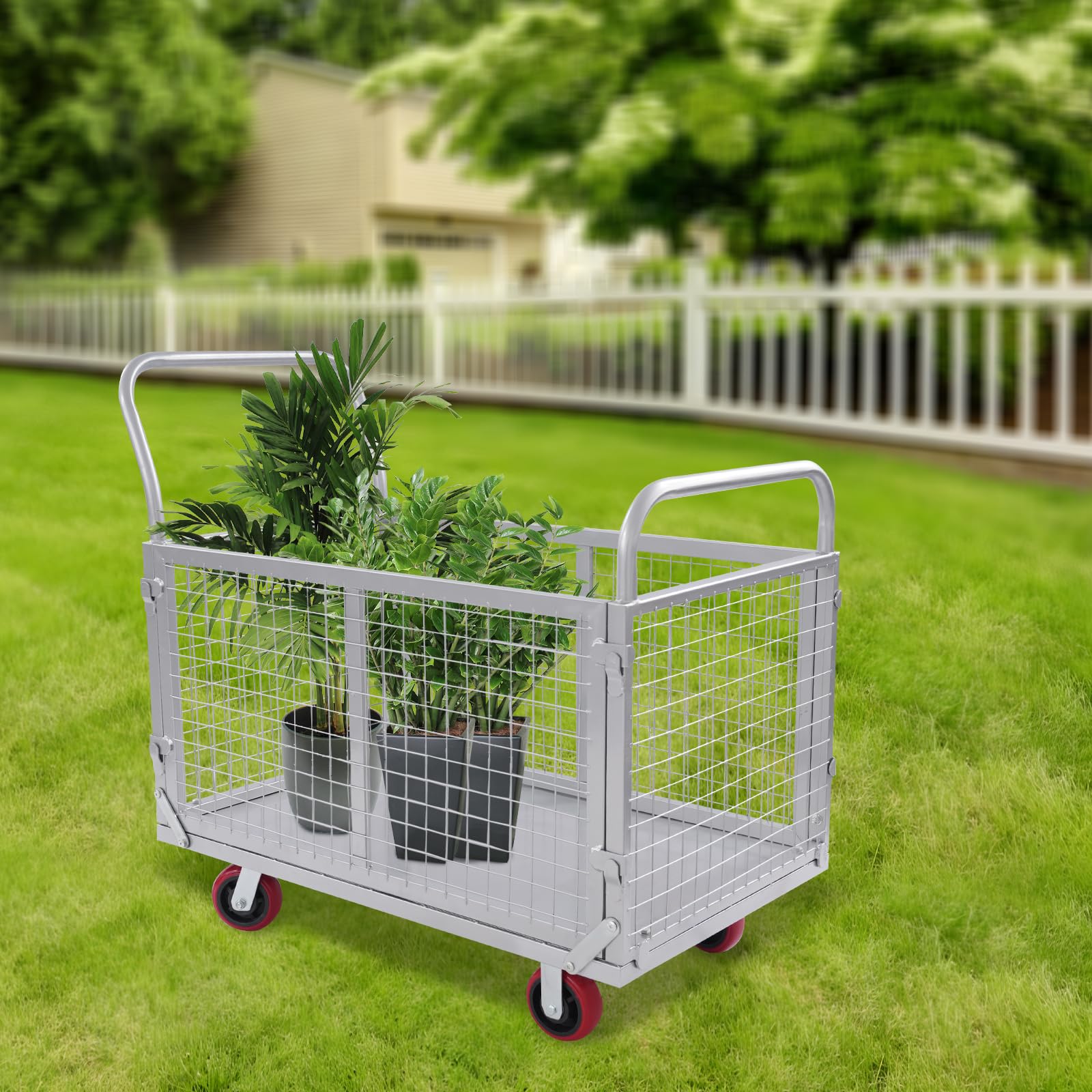 Carro plegable con plataforma multifuncional con caja de rejilla extraíble y 4 ruedas, carga máxima de 200 kg, estructura de acero resistente para almacén, mudanza, compras, jardín
