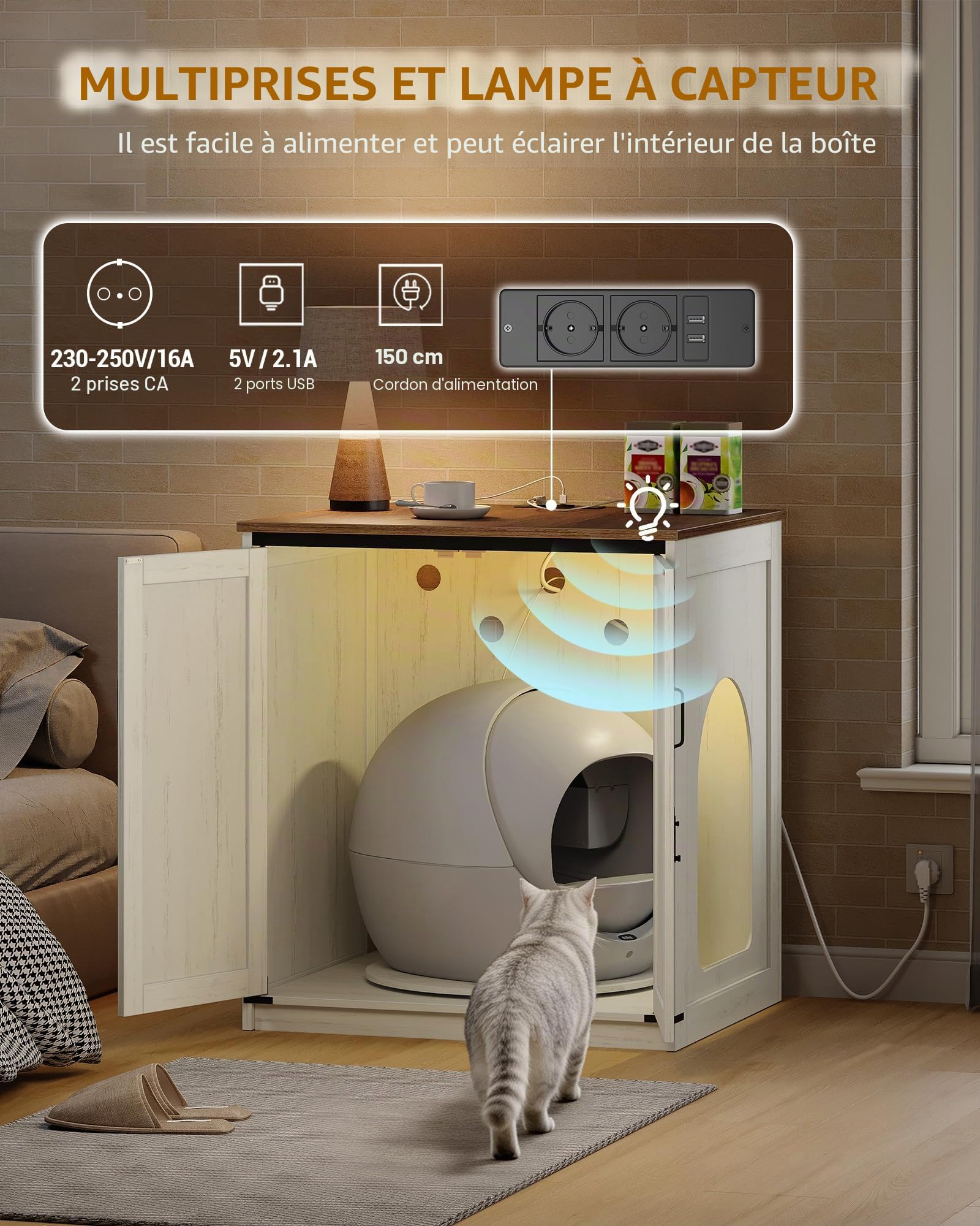 Hzuaneri Meuble Litiere Chat, 82 × 70 × 90 cm, Maison de Toilette Chat Dissimulant, Prise Électrique et Serrure, Convient aux Bacs Litiere Chat Autonettoyante, Marron Rustique et Blanc CB86114XEU