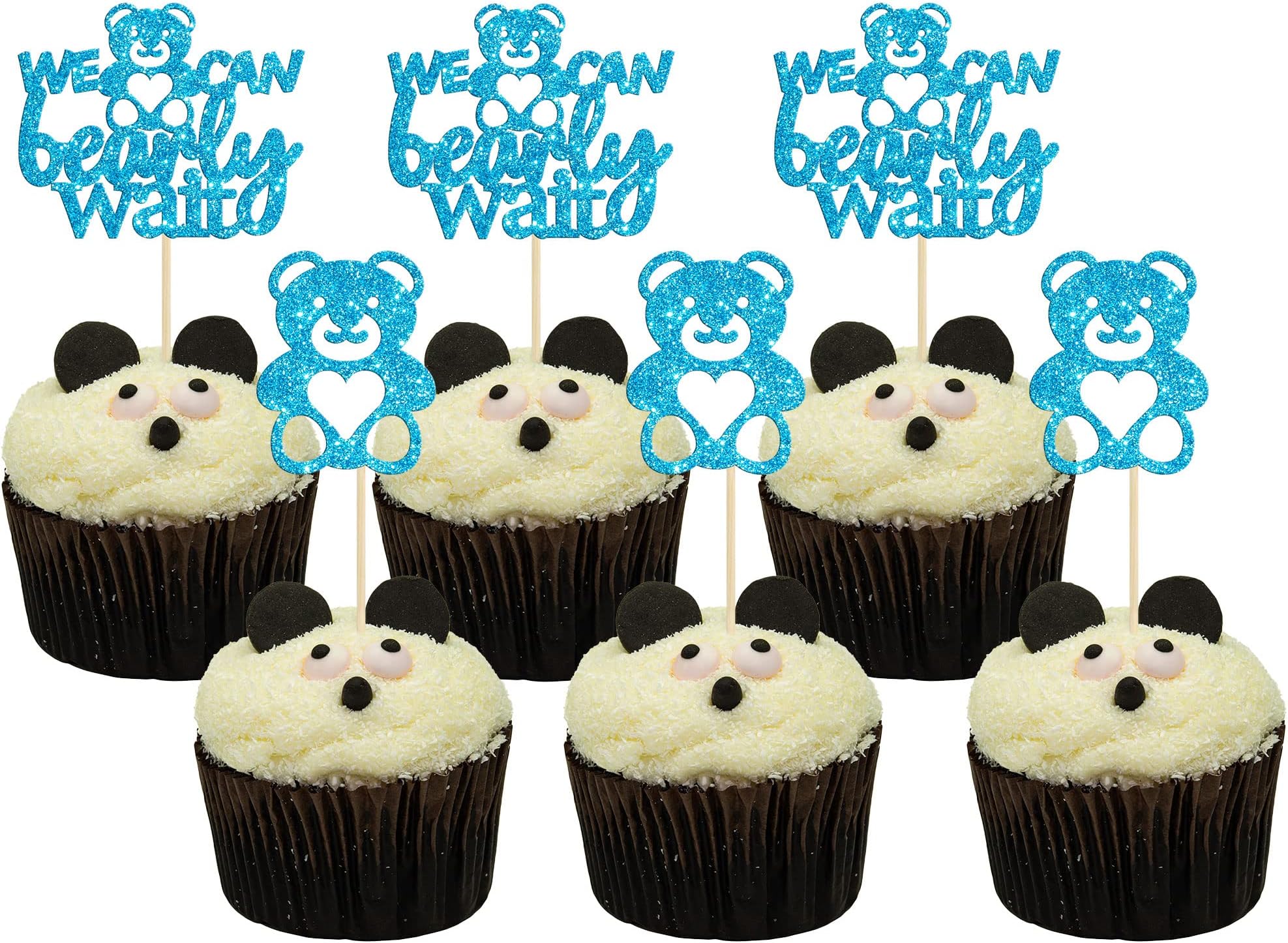 Gyufise 24Pcs We Can Bearly Wait Cupcake Toppers Blue Glitter Bear Cupcake Picks Baby Shower Cake Decorations for Gender Reveal Theme Baby Shower Kids Birthday Party Supplies