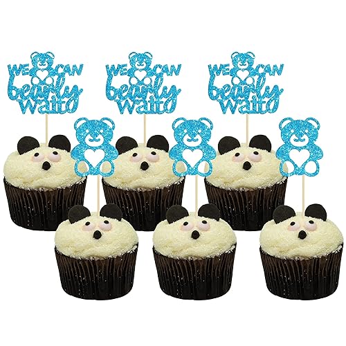 Gyufise 24 piezas We Can Bearly Wait Cupcake Toppers Blue Glitter Bear Cupcake Picks Baby Shower Cake Decoración para Baby Shower Temática de