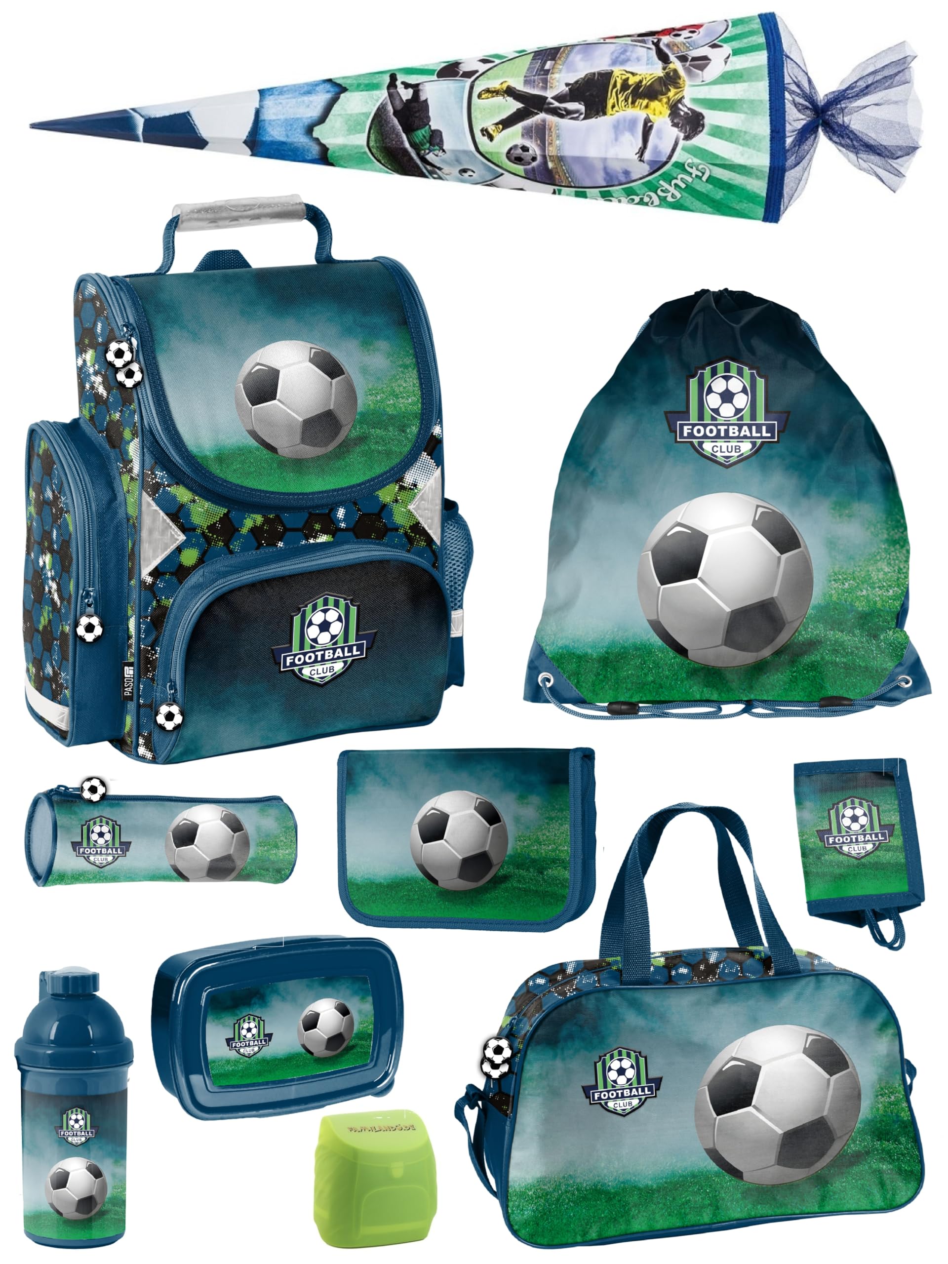Familando - Schulranzen Set - 10-teilig mit Schultüte - Fussball - Ergonomisch, stabil & mit gepolstertem Rücken - 1000g leicht - 15L Volumen - Mit Reflektoren - Für Grundschule ab 1. Klasse