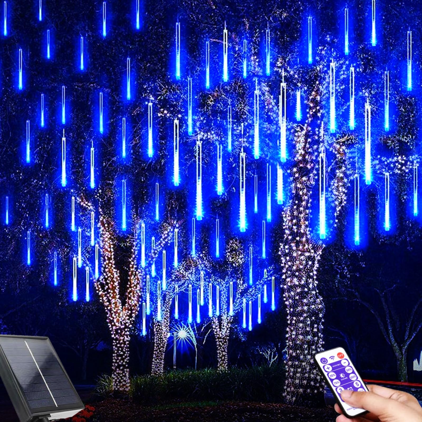 TIANHOO LED Meteor Shower Solar Lights Outdoor, Meteor Shower Lights with Remote, 30CM 10 Tubes Falling Rain Drop Light, Waterproof Falling Raindrop Tree Light for Party Garden Decoration.(Blue)