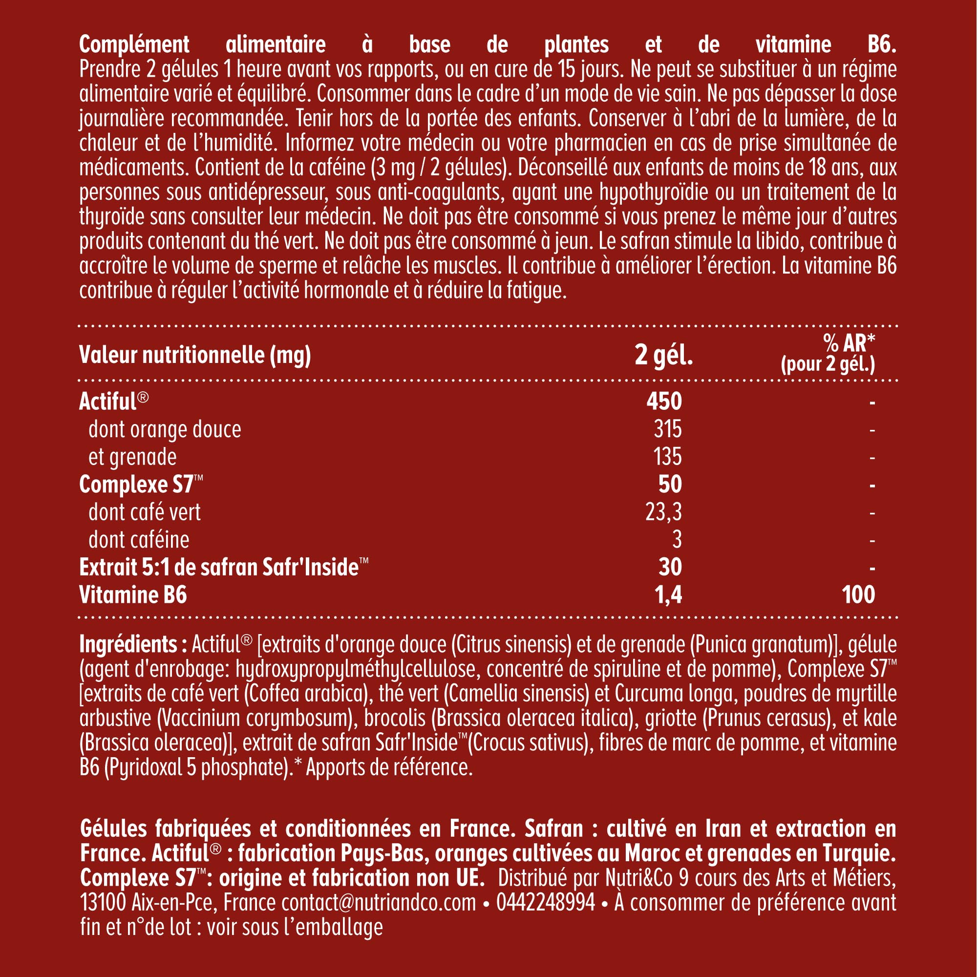 NUTRI & CO Libido Homme - Boosteur de Testostérone - Safran Grenade & Café Vert - Energie, Endurance, Performance Masculine - 30 gélules Vegan - Fabriqué en France