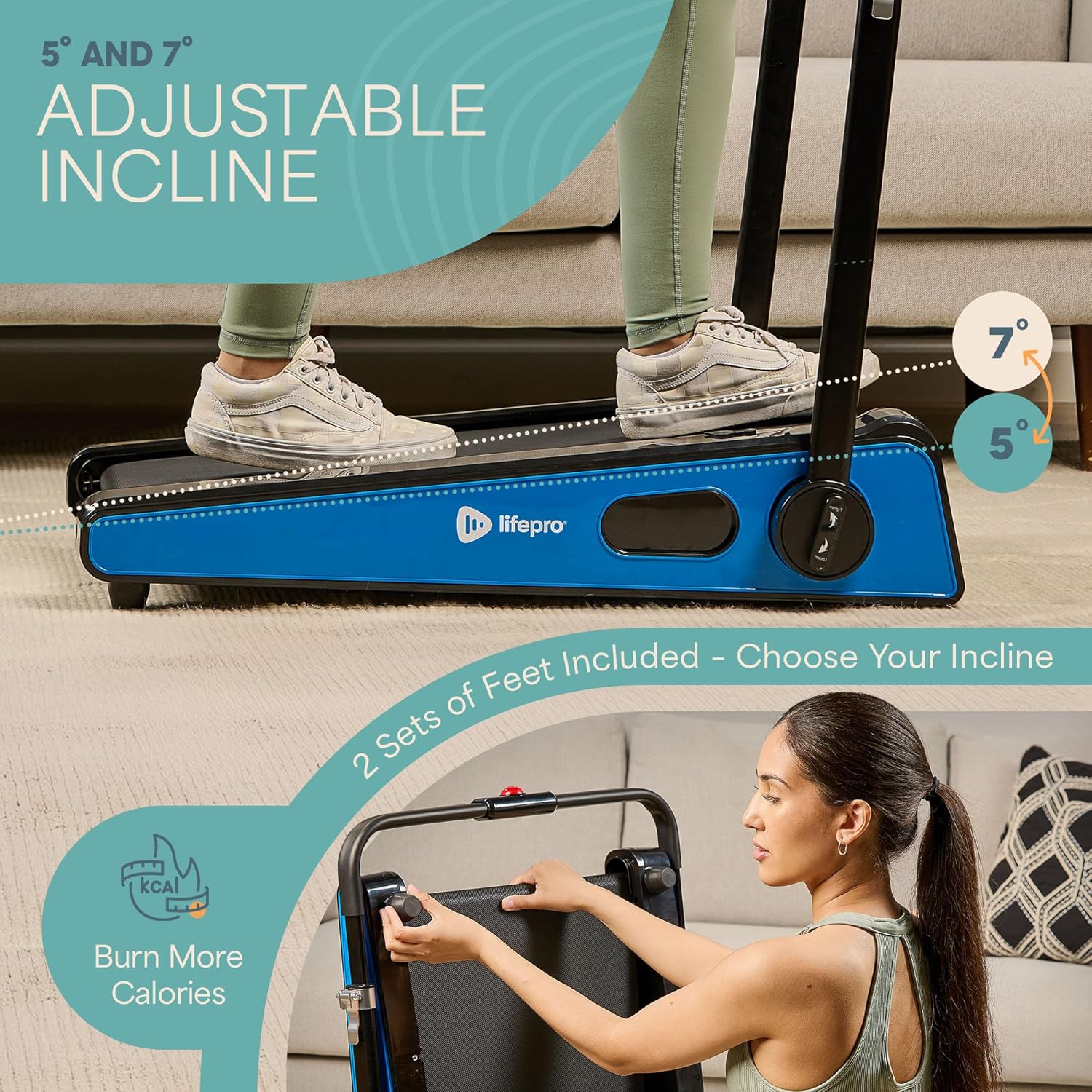 Close-up of the Lifepro walking pad showing the 5 and 7 degree adjustable incline mechanism