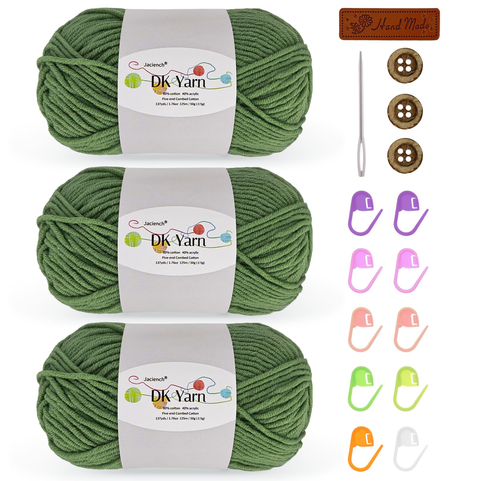 Crochet Yarn Kit, 3×50g 60% Cotton 40% Acrylic Combed Cotton Yarn with Accessories, DK Wool for Beginners Amigurumi Socks Blankets（ Avocado Green-3）
