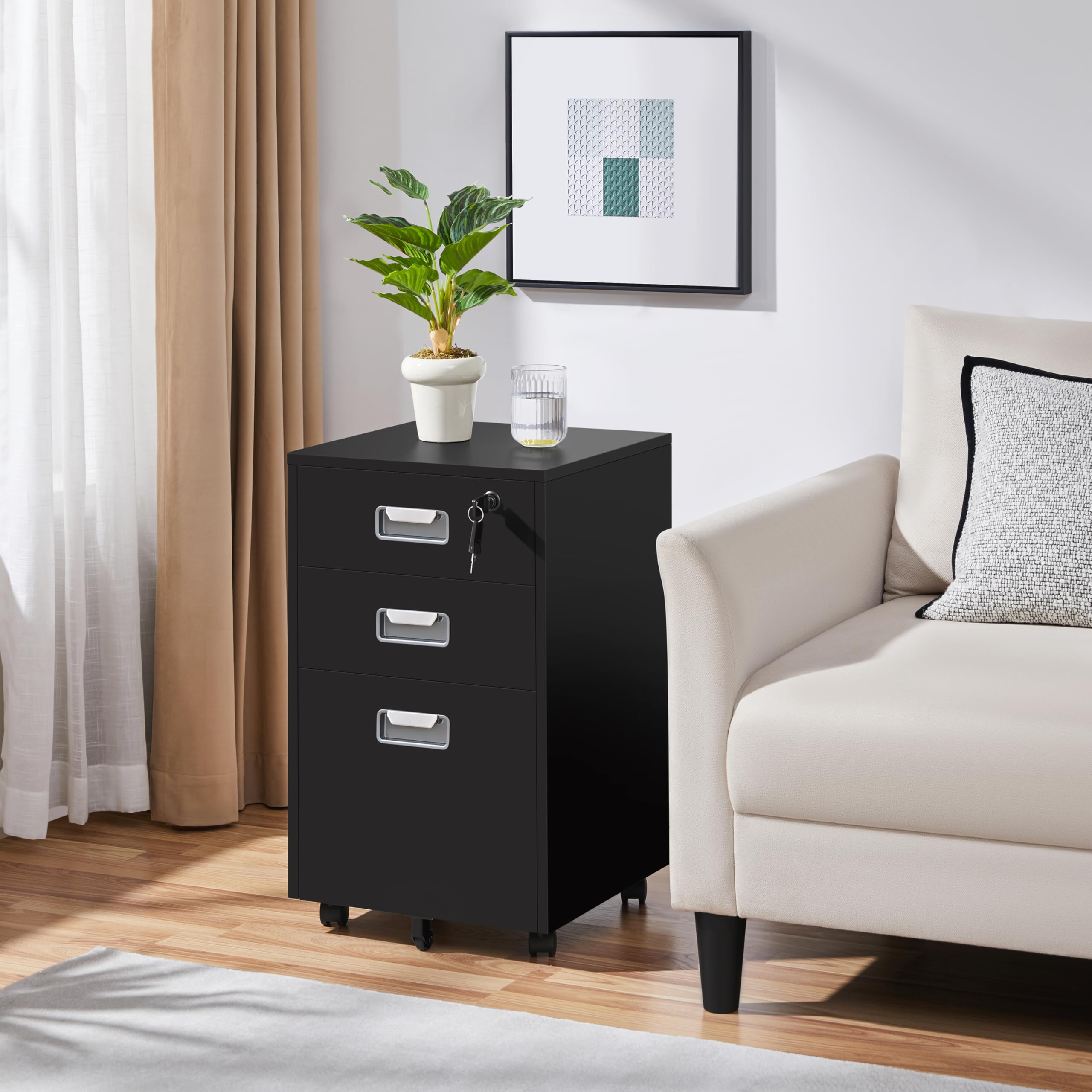 Yaheetech Cassettiera da Scrivania con 3 Cassetti Salvaspazio Archivio Schedario Portadocumenti Mobiletto da Ufficio Rimovibile con Ruote per Ufficio Studio (Nero)