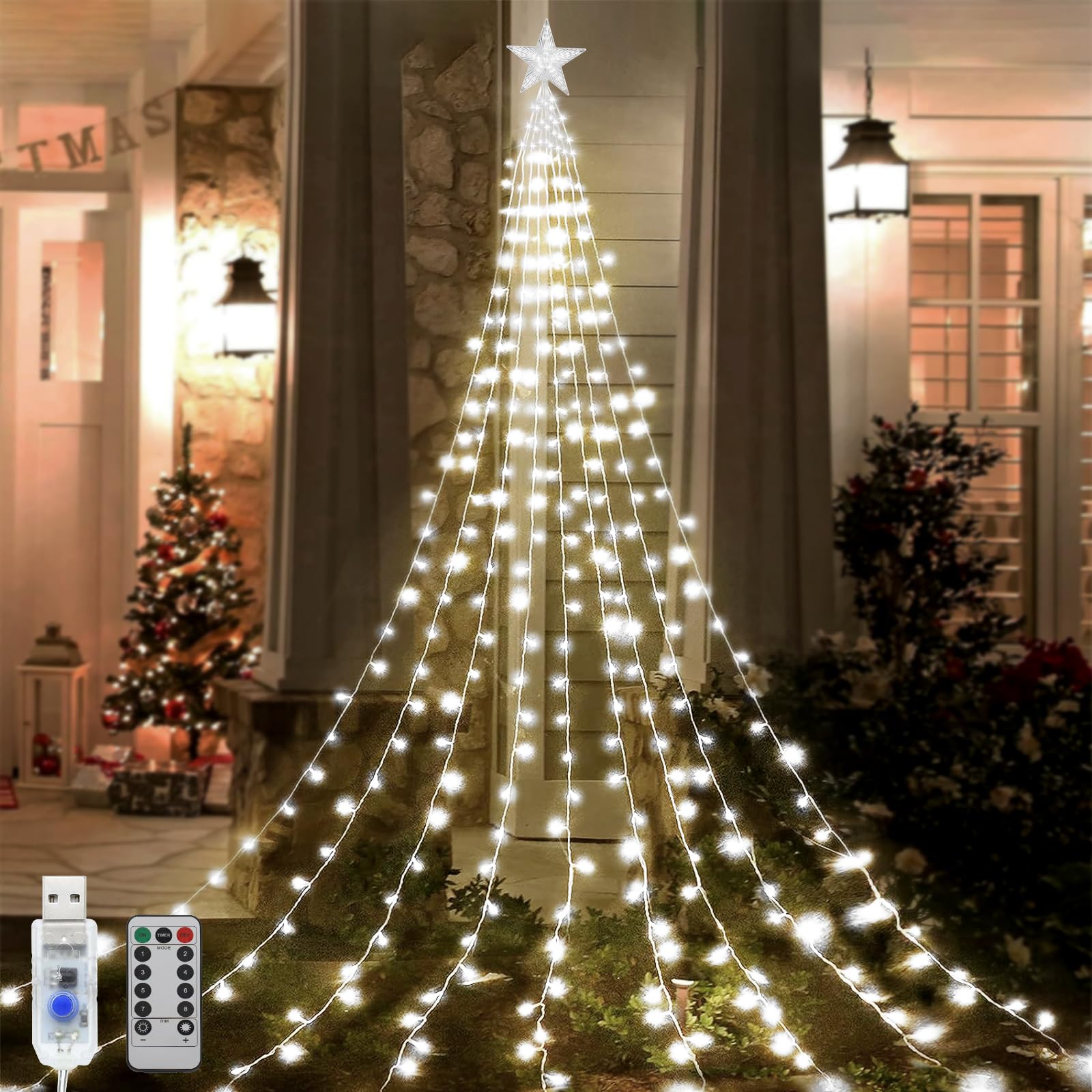 Micacorn Christmas Decorations USB Lights, 6.6 ft 9 Strand 198 LED Waterfall String With Topper Star, 8 Modes Xmas Tree Light With Remote for Wedding Party