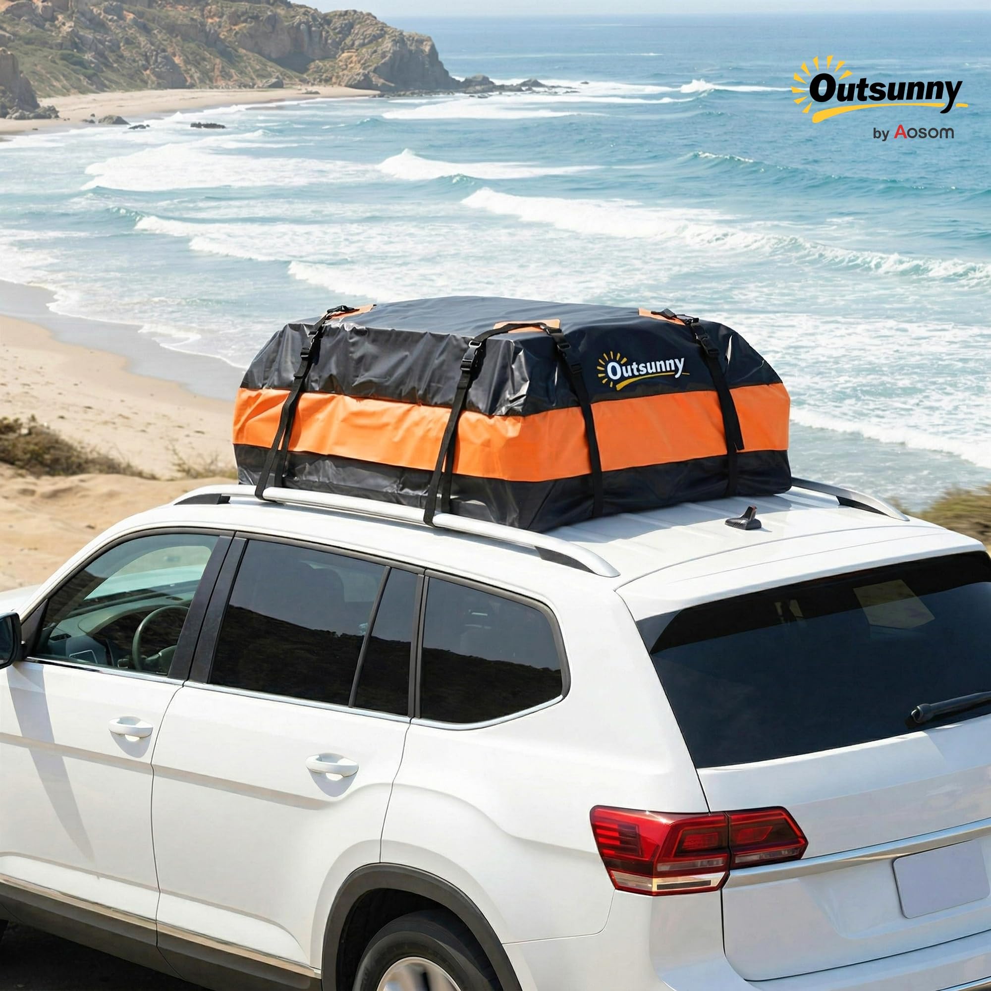 Outsunny Coffre de Toit de Véhicule 425 L, Intempéries, 8 Sangles Renforcées, 4 Crochets de Portes, Cadenas Antivol, Tapis Antidérapant, Sac de Toit Voiture pour Tous Véhicules avec/sans Barres