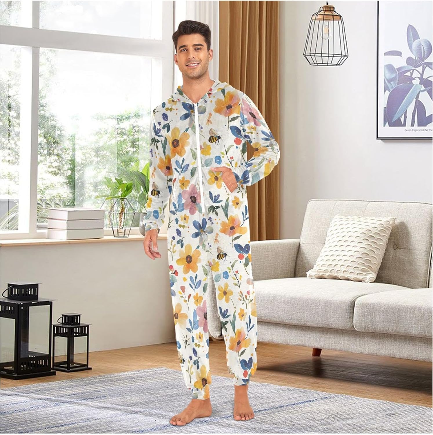 ZZKKO Watercolor Flower Bee Adult Onesie Pajamas for Women Men Cozy One Piece Pajamas Costume Zip-Up Hooded S-XL