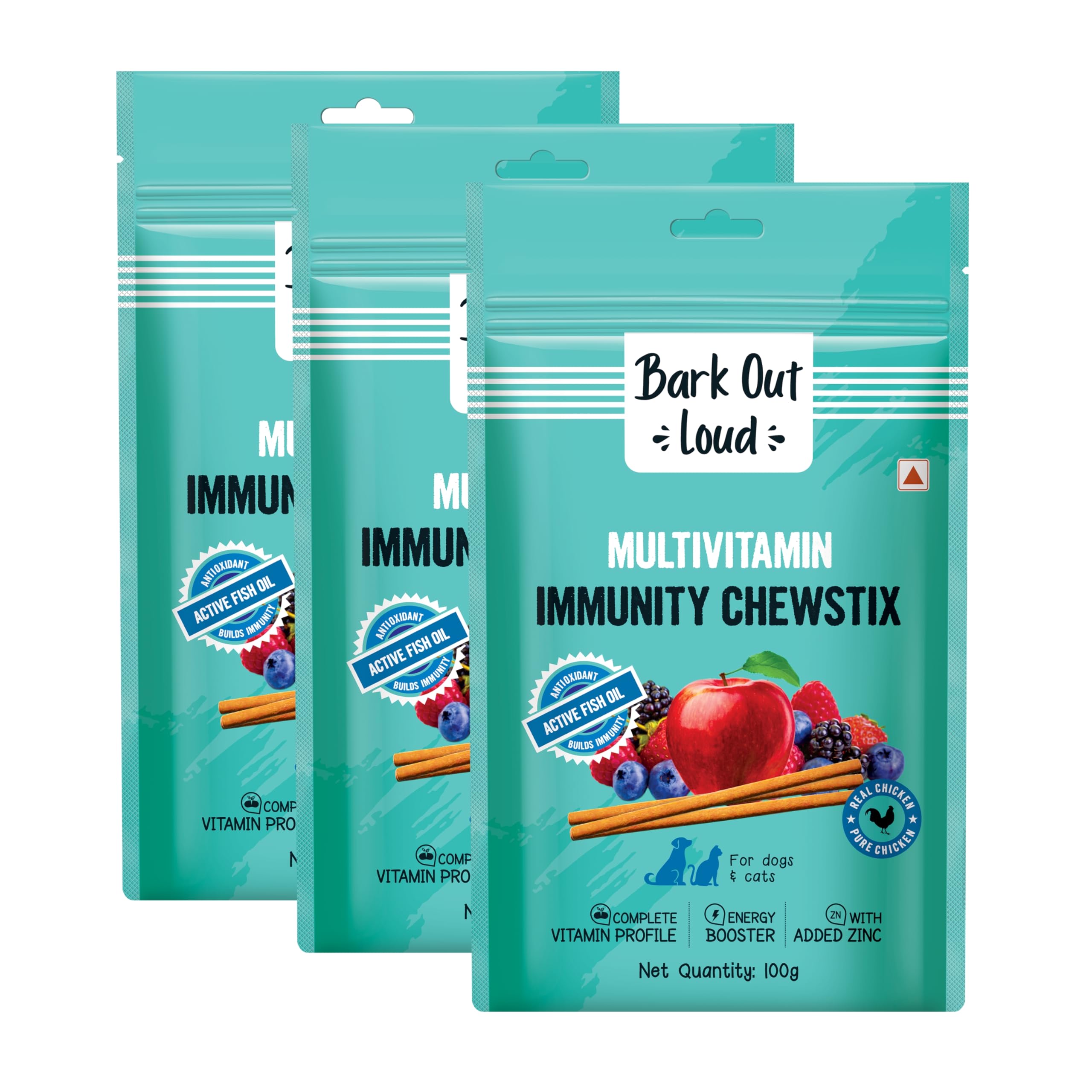 Multivitamin Dog Treats, Fresh Chicken Immunity Chewstix with Omega & Zinc to Boost Health & Vitality for Dogs & Cats of All Life Stages - 100gm Each (Pack of 3)