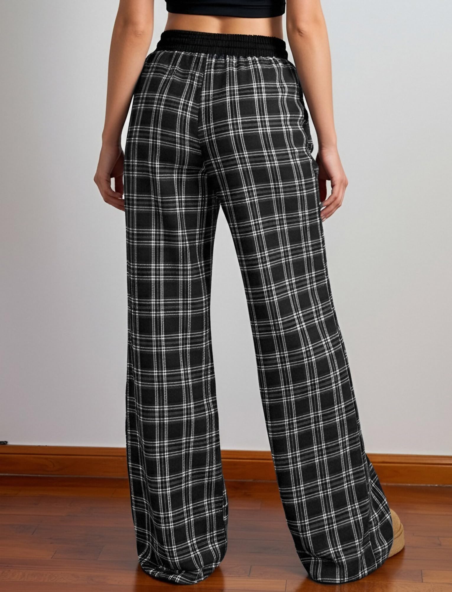 Damen Vintage Karierte Hose Y2K Freizeithose mit Weitem Bein Lange Jogginghose mit Taschen Lockere Loungehose Low Waist Sporthose Streetwear