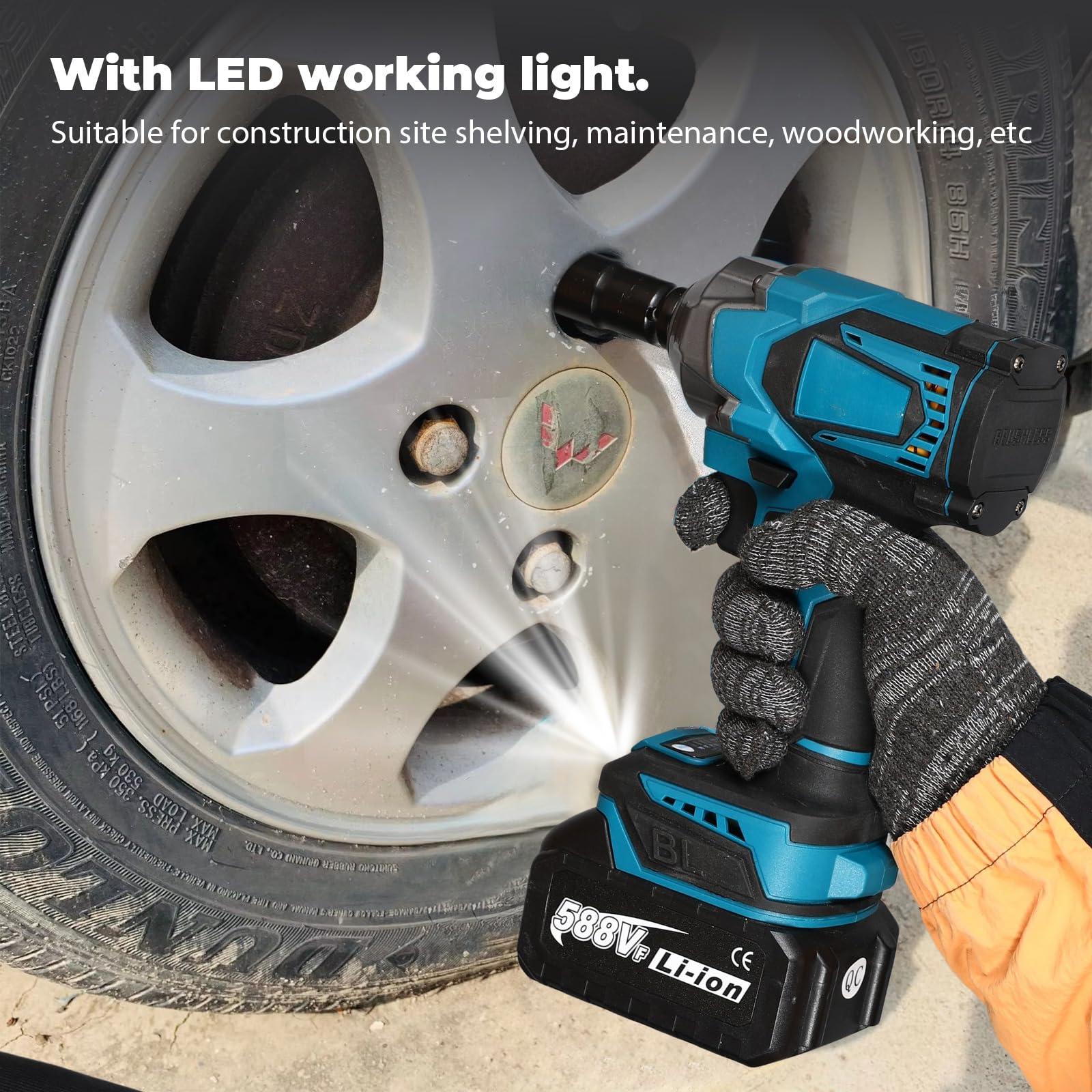 Llave de impacto inalámbrica de 1200 N.m – 1/2 pulgadas con motor sin escobillas 6700 RPM, 4 velocidades ajustables, LED, batería de 21 V, para casa/coche/bricolaje (2 baterías)