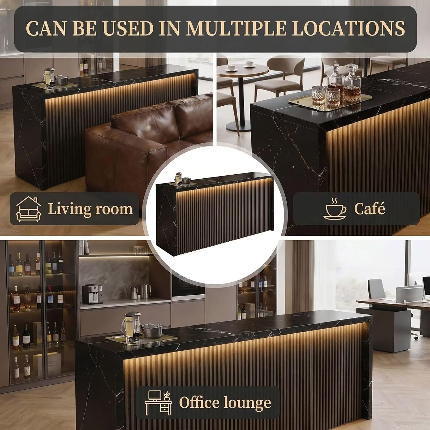 Bar Table - High Top Bar Table with Grooved, Black Living Room Tall Island Counter Includes Ambient Lighting for Living Room (60IN No Chairs)