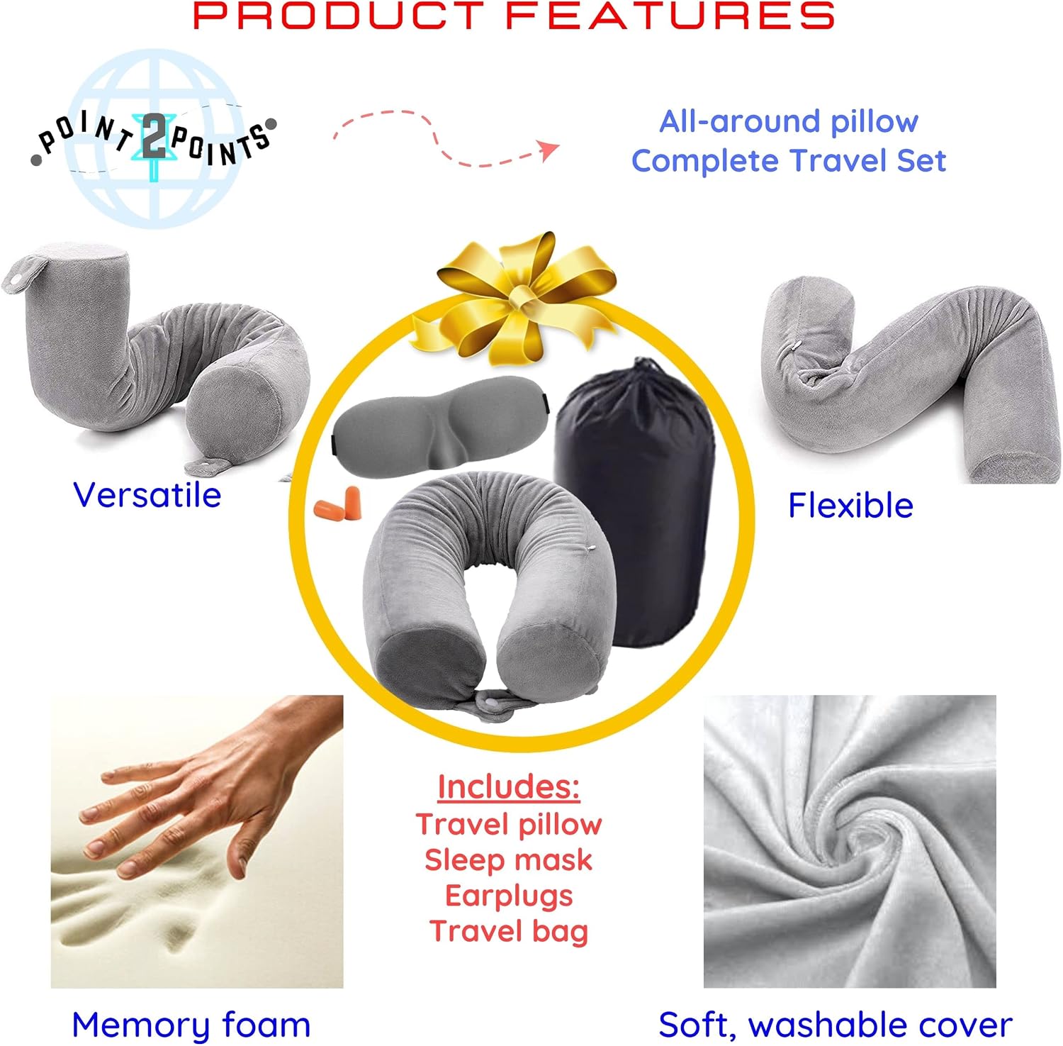 Point2Points Twist Memory Foam Travel Pillow - 100% Pure Memory Foam Neck Pillow with Comfortable & Machine Washable Cover, Neck Pillow for Travel Kit with Sleep Mask, Earplugs & Travel Bag
