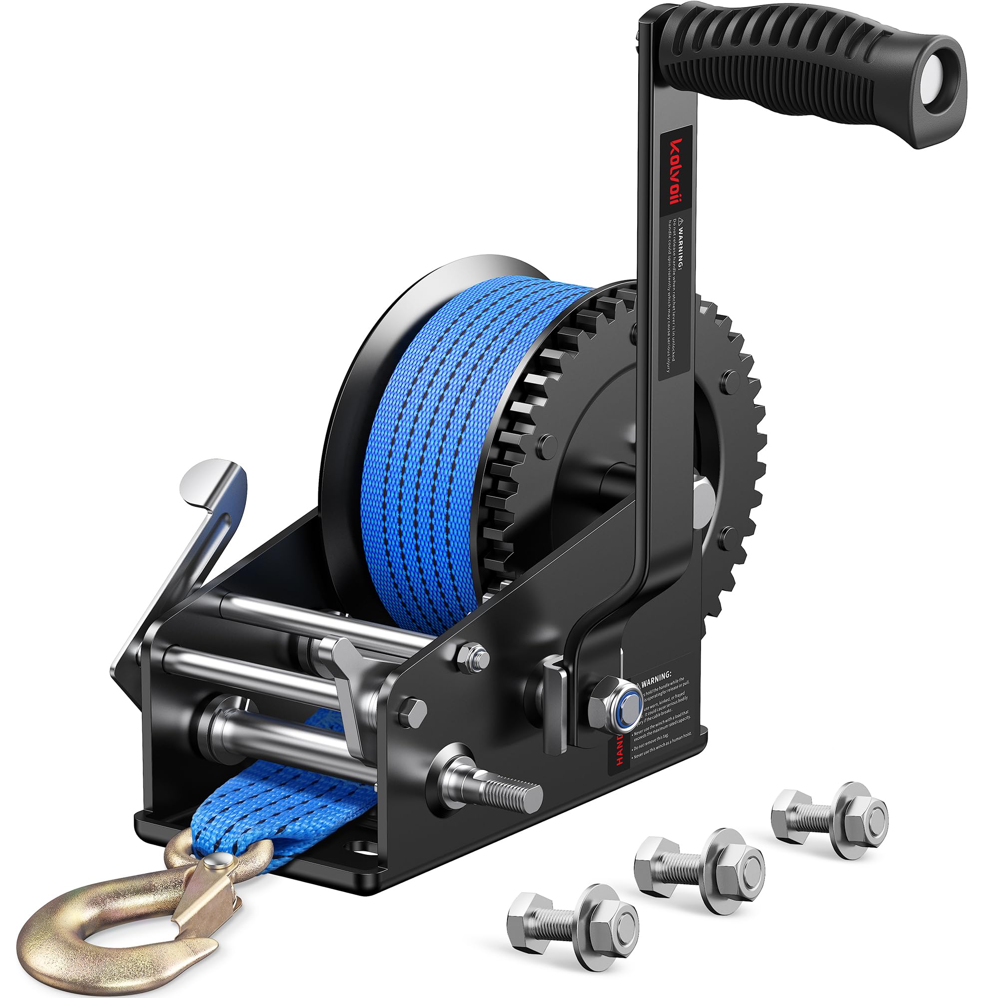 Kolvoii 3500lbs Boat Trailer Winch with 33FT Strap, Heavy Duty Hand Winch 2-Way Ratchet 4:1/8:1 Gear Ratio, Comfortable Handle for Boat, Trailer, Marine, and Jet Ski - Blue