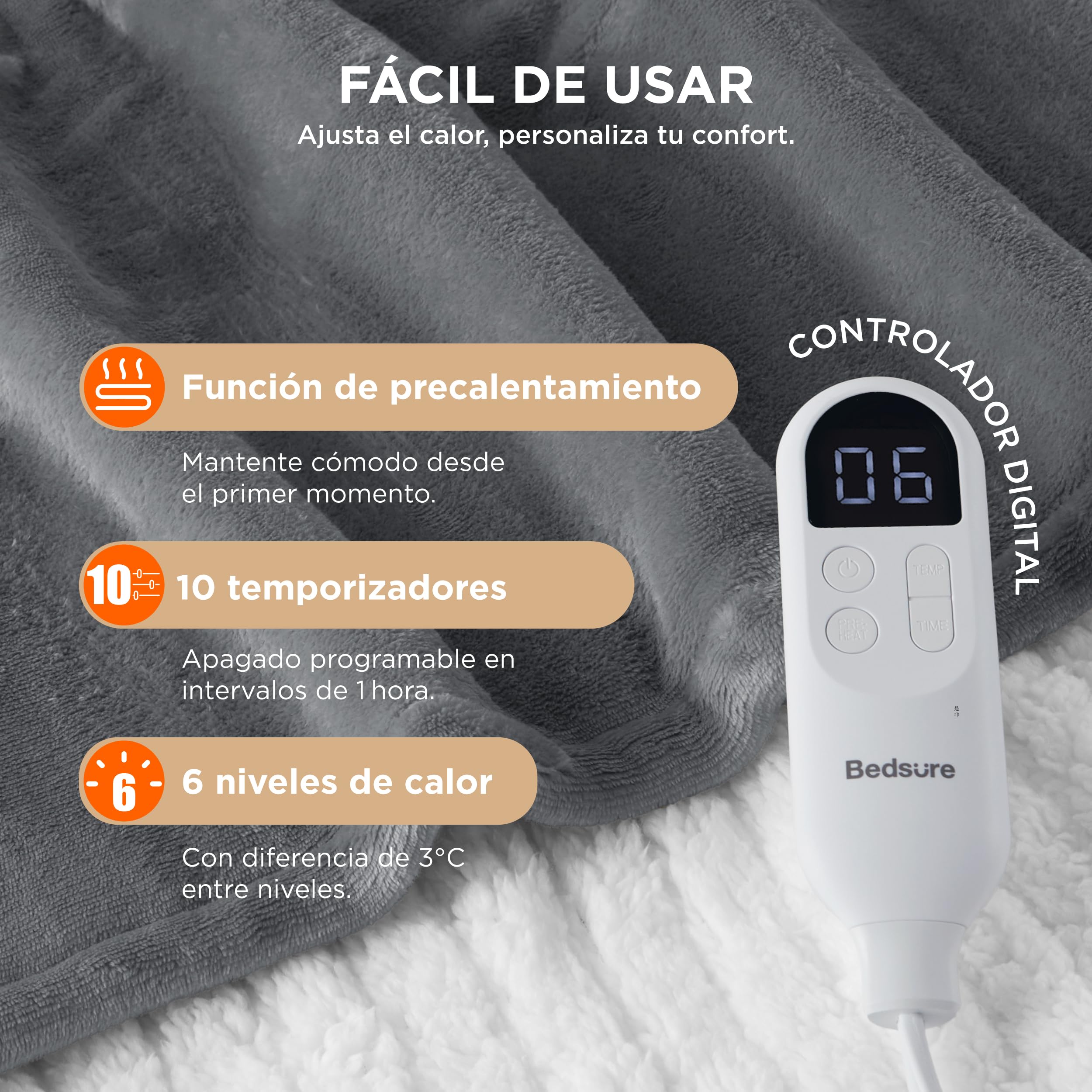 Bedsure Mantita eléctrica 130x180cm, Apagado automático, 6 Niveles de Calor, Temporizador 10h, protección sobrecalentamiento 8h, acogedora para hogar & Oficina, Gris