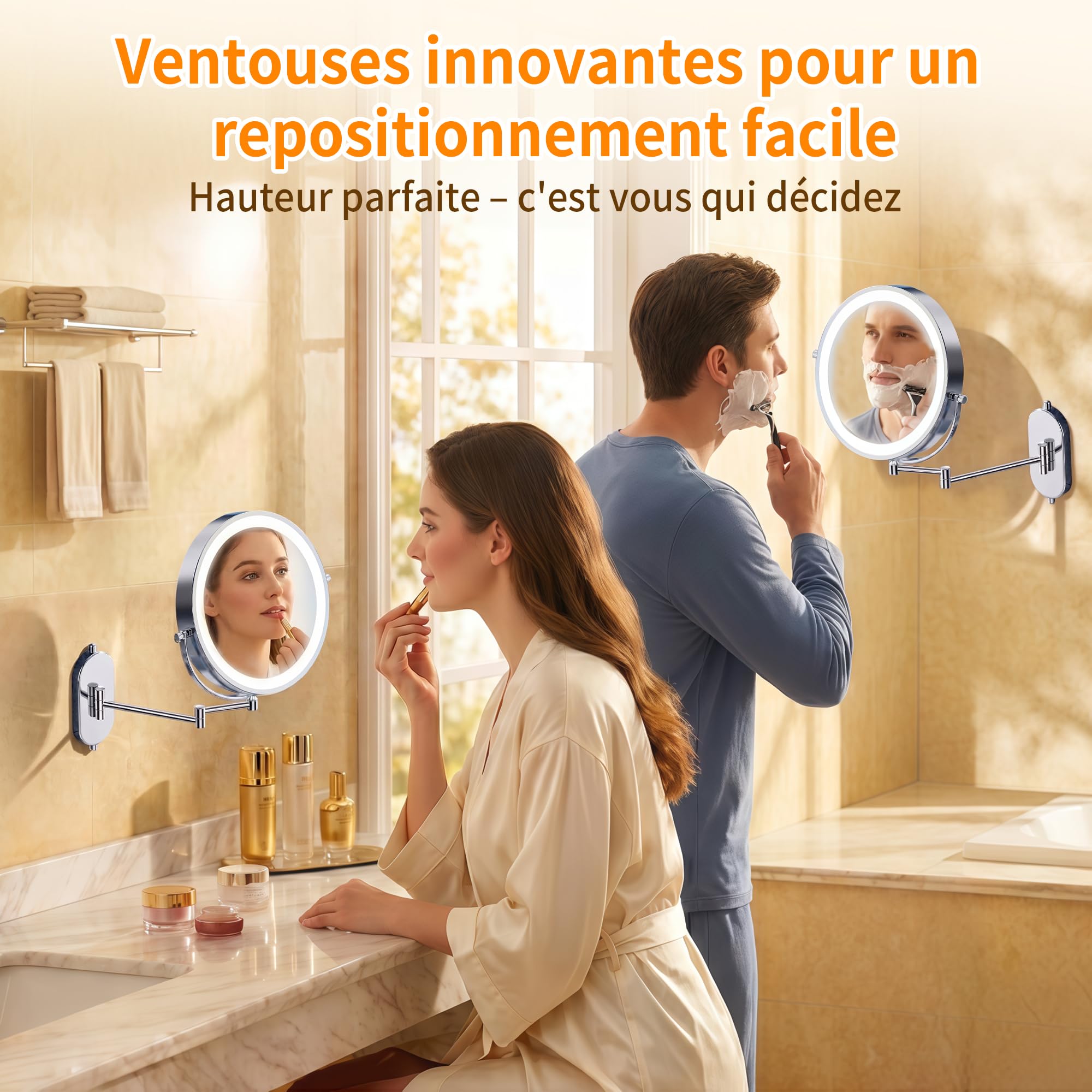 ICARE Miroir Grossissant Mural 30X/1X – 8 inch Miroir Grossissant Lumineux Mural – 3 Températures de Couleur Ventouse – Rotation 360° – Batterie Rechargeable 4000mAh – Idéal Salle de Bain, Maquillage