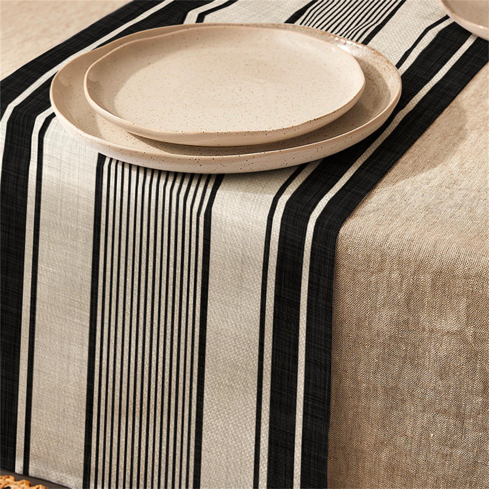 Highdi Linen Table Runners, Kitchen Dining Table Runner Easy Care Tablerunner Decorative Cloth for Restaurant & Outdoors (33 * 200cm,Black Stripe)