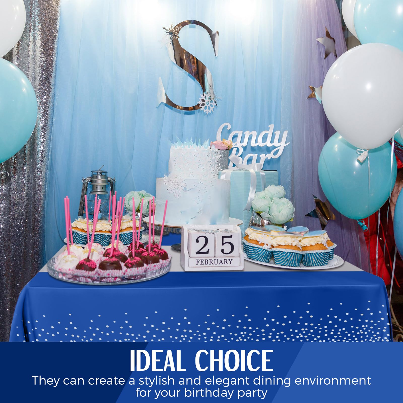 Tudomro 16 manteles desechables de plástico rectangular de 54 x 108 pulgadas con camino de mesa de satén de 12 x 108 pulgadas para decoración de bodas, fiestas de cumpleaños (plateado y azul oscuro)