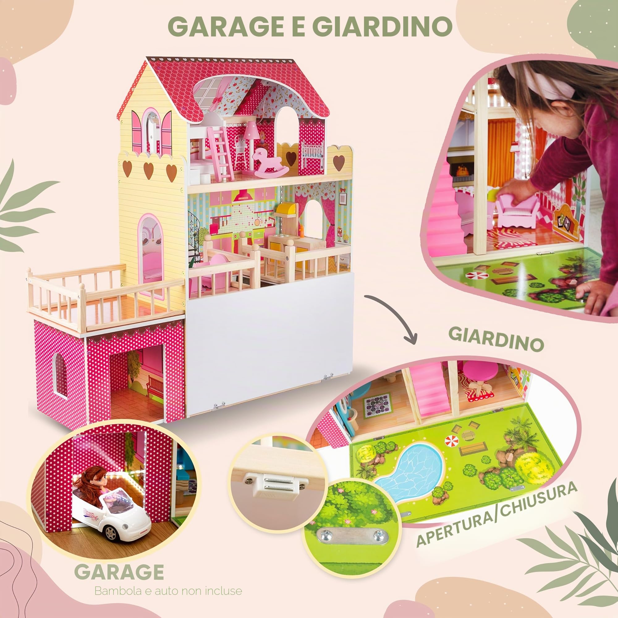 Kinderplay Green Series Casa delle Bambole in Legno – Villa a 3 Piani con LED, Giardino e Garage – Arredi Inclusi – 90x60x90 cm – Modello GS0020