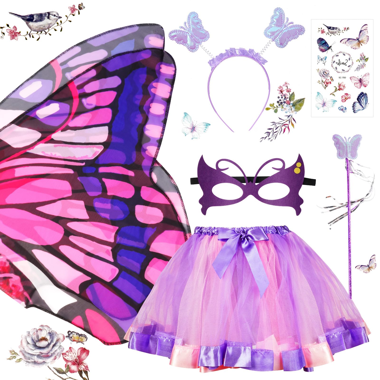 AUYAO 6Pcs Kids Butterfly Wings Costume Set, Fancy Dress Up Wings Cape, Princess Fairy Costume Set with Tutu Skirt, Girls Butterfly Dress Up for Halloween