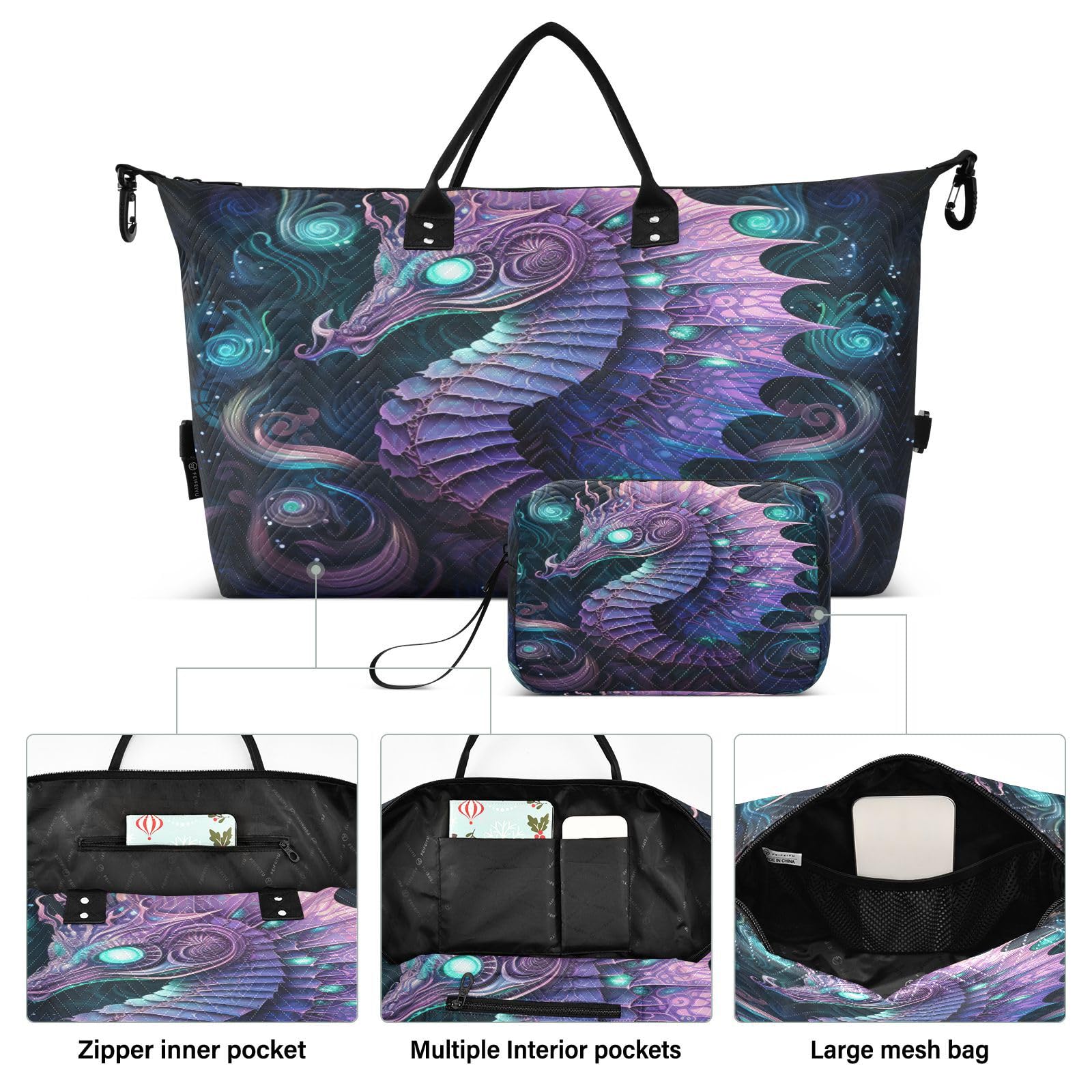 Cool Blue Purple Seahorse Sports Swim Gym Bag Weekender Duffel Travel Bags Handbag with Makeup Storage Bag for Girls Men