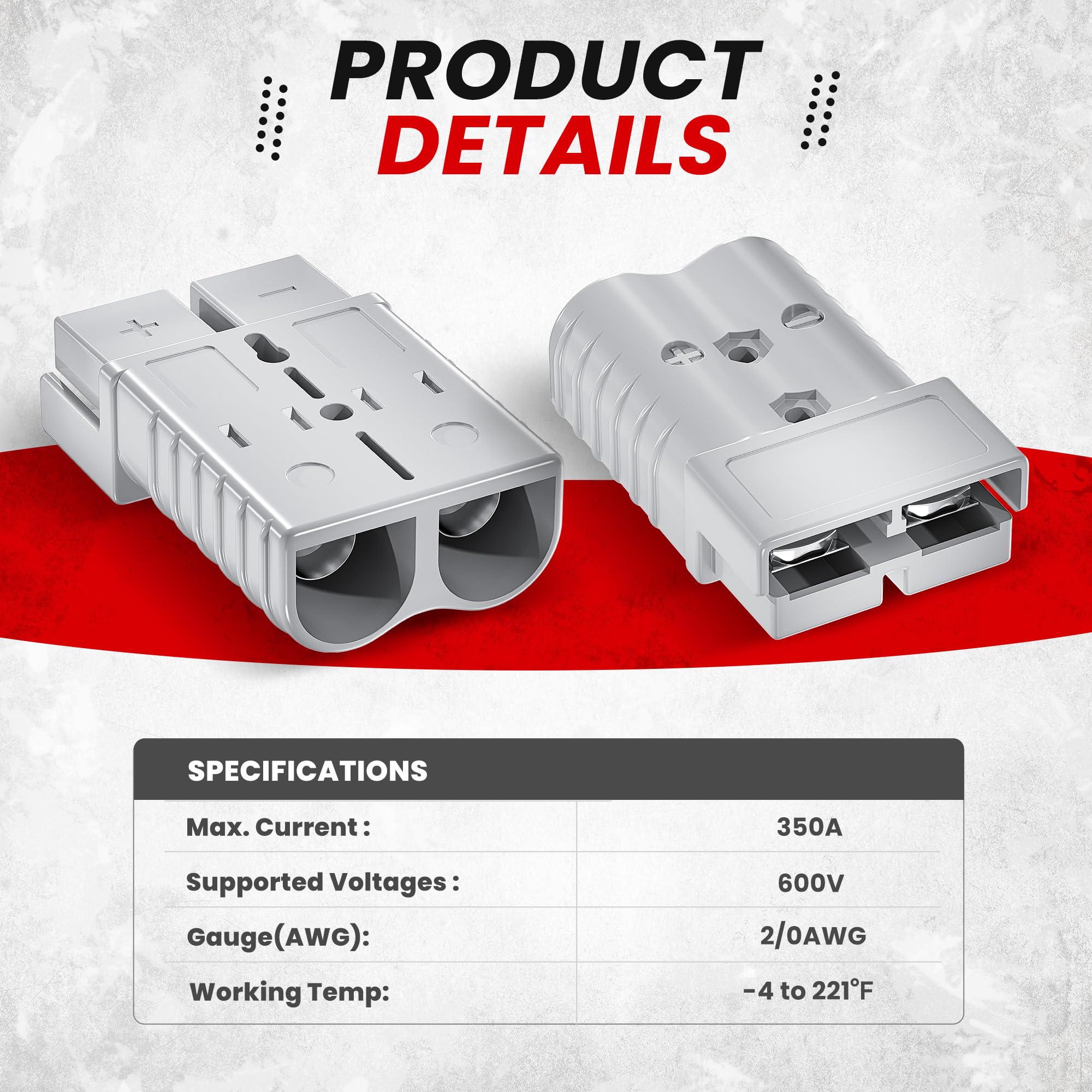 Kit di connettori per batteria a connessione rapida da 350 A, spina senza genere per cavo 2/0 AWG, confezione da 2 custodie rosse, adatto per auto, rimorchi, verricelli, carrelli elevatori
