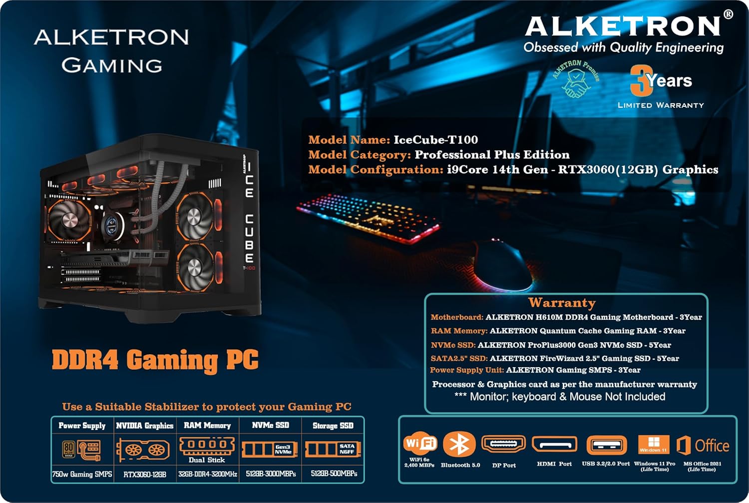 ALKETRON Icecube T100-Windows 11 Pro Gaming Desktop Pc-I9 Intel Core 14Th Gen With RTX3060(12GB) Dedicated Graphics; 32GB RAM; 1TB SSD(Ready To Use DDR4 CPU Tower Box Piece-Upgrade Plus Edition)Black 10 81w+BmEwkrL. SL1500