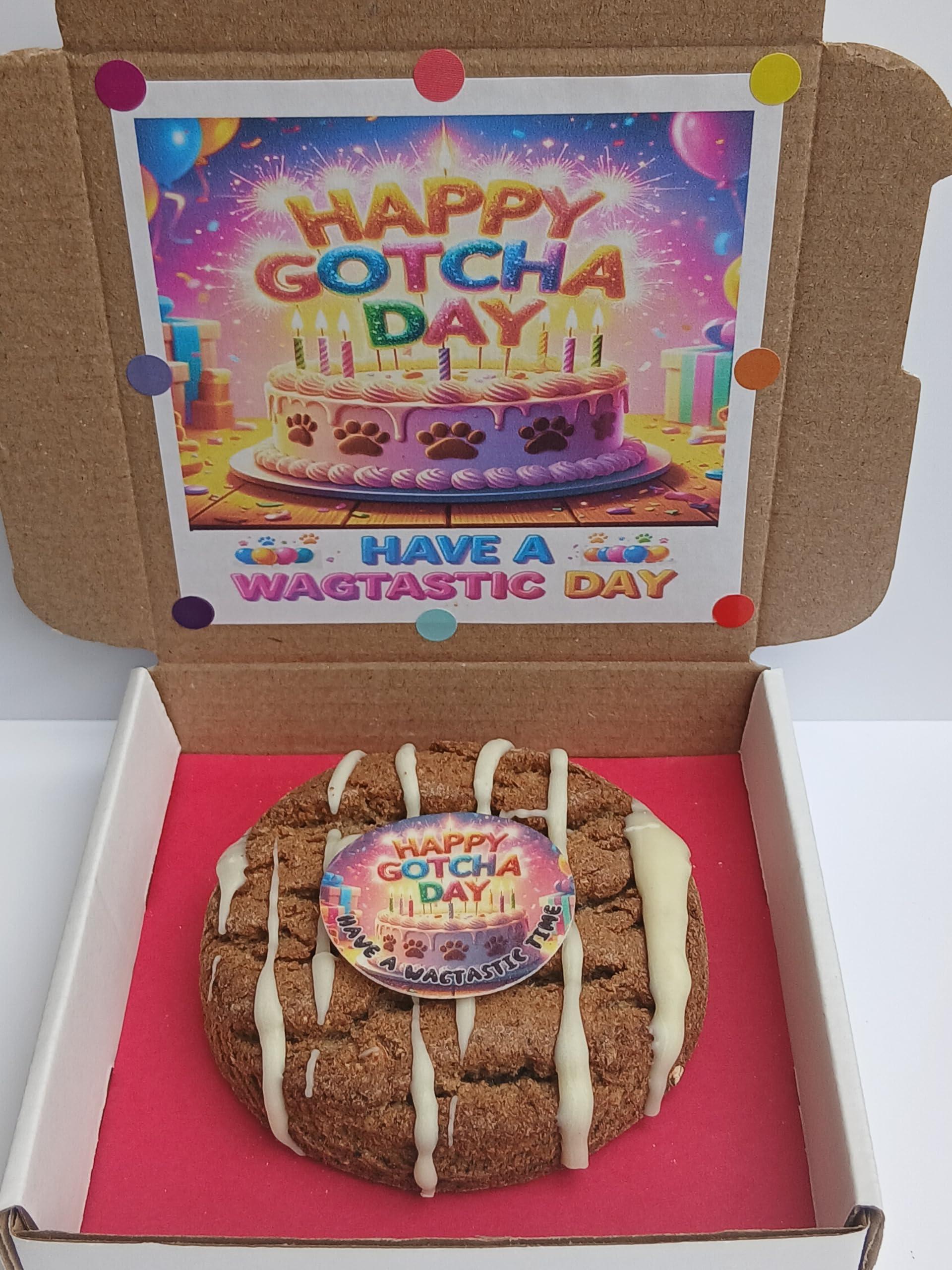 DOG GOTCHA DAY "CAKE" BISCUIT TREAT WITH DOG SAFE DOG CHOC PRESENTED IN A GIFT BOX