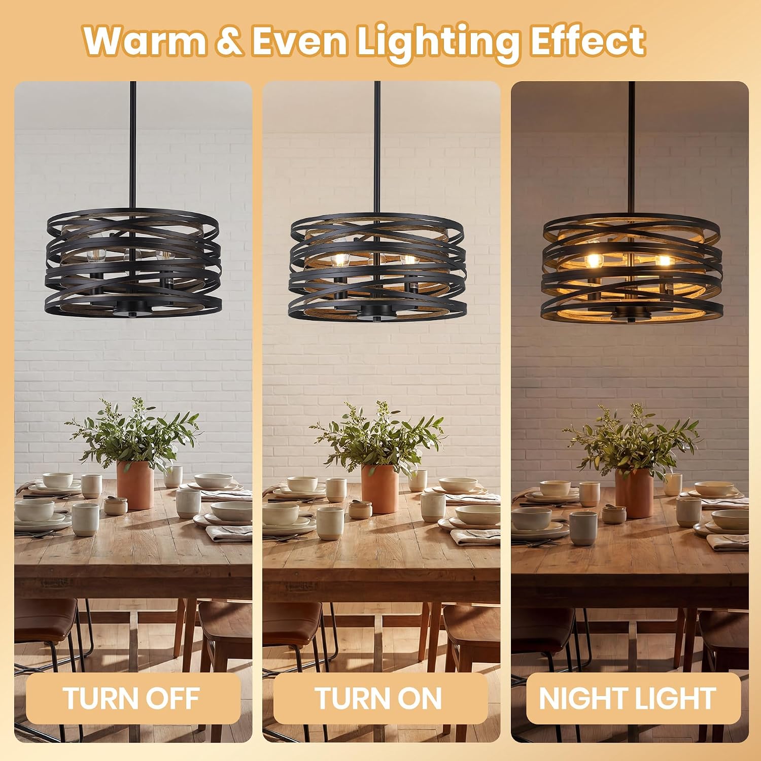 Modern Farmhouse Chandelier – Black Metal 3-Light Hanging Fixture with Wooden Accents, Ideal Dining Room Light Fixture & Kitchen Ceiling Light for Entryway or Living Room