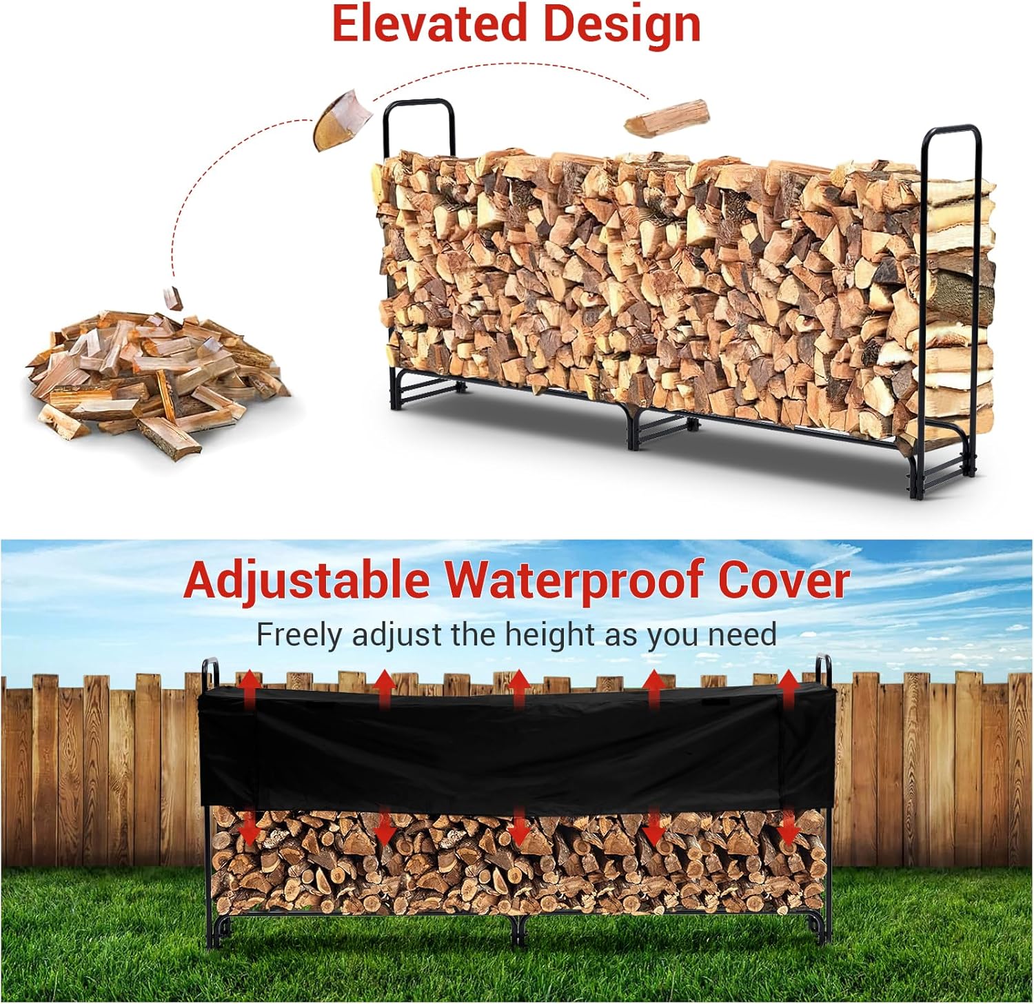 8.3 Ft Firewood Rack Outdoor with Waterproof Cover, Heavy Duty Steel Firewood Holder, 880 Lb Capacity, 1/2 Cord, Weather Resistant Wood Storage Rack for Backyard, Patio, Garden