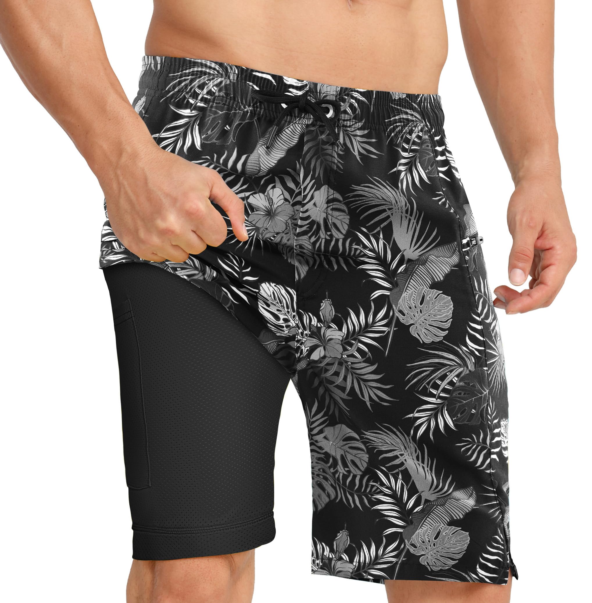 APTRO Herren Badehose Lang mit Kompression Liner Schnelltrocknend Badeshorts Schwimmhose 2 in 1 Badehosen mit Reißverschlusstasche Innenhose Surfen Strandhose