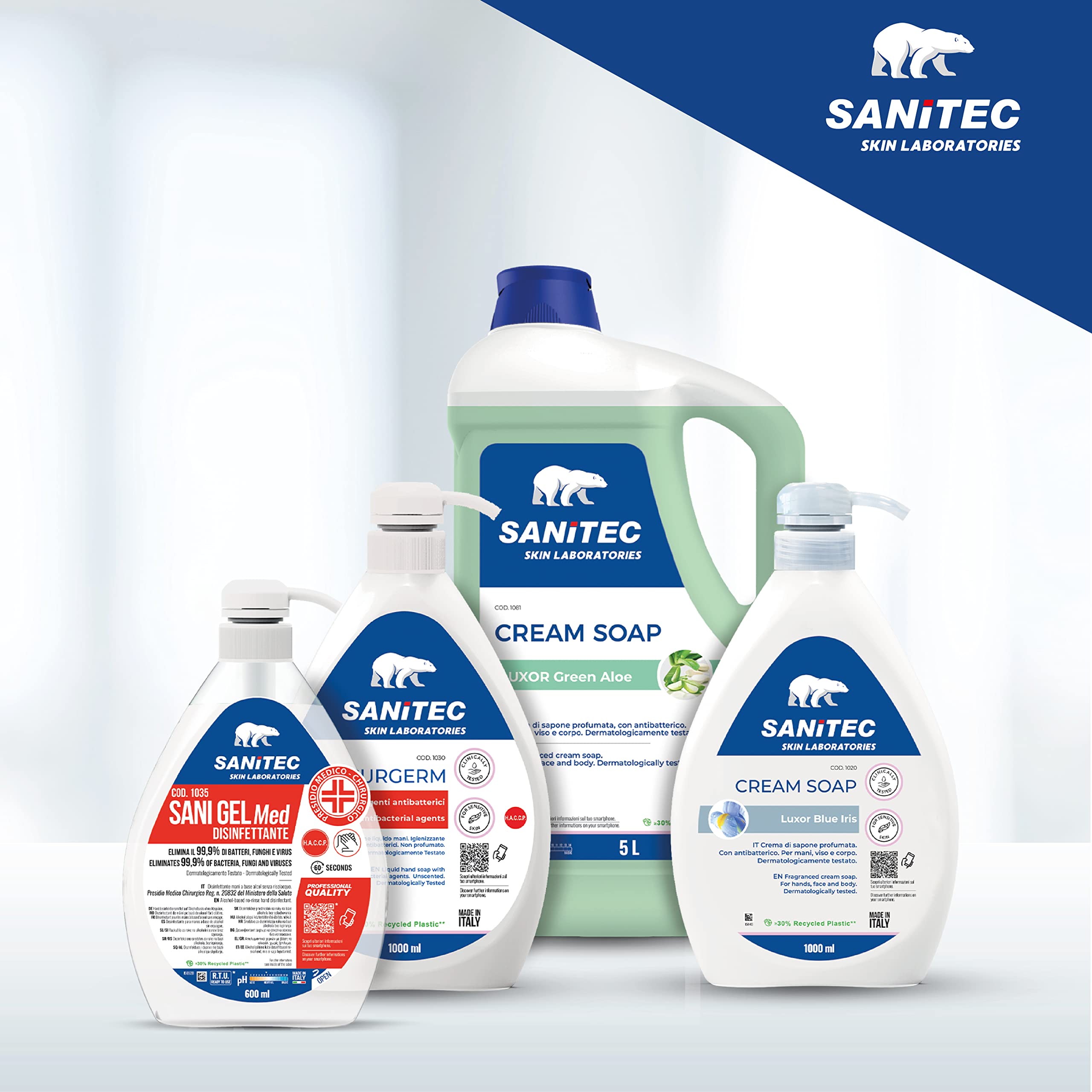 SANITEC igiene sicura Luxor Blue Iris, Crema di Sapone Profumata Idratante con Glicerina e Antibatterico, Deterge le Mani, pH 5.5, Dermatologicamente Testato, Made in Italy, 6 Flaconi da 1L 6000ml