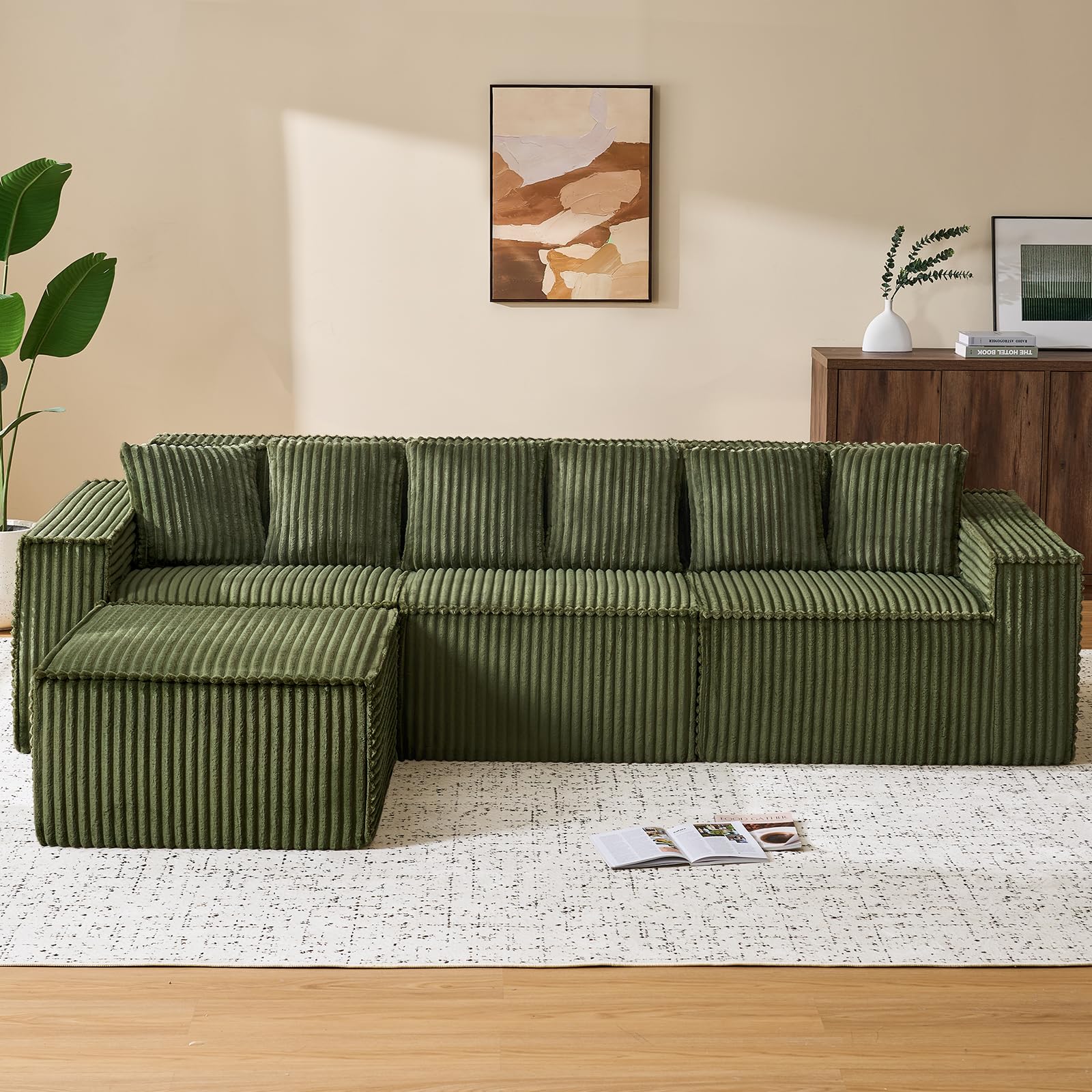 Condition photo showing Good Condition for  ONBRILL 112.6" Modular Sectional Sofa, Comfy Corduroy Boneless Couch with Ottoman, Memory Foam, Modern Minimalist Cloud L Shaped Couch for Living Room, No Assembly Required, Green