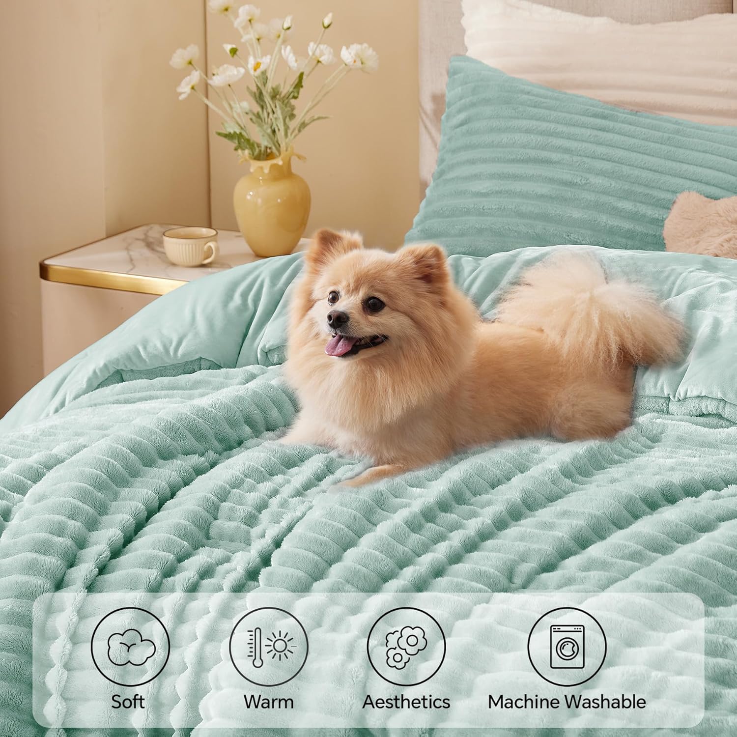 BEDELITE Fleece Queen Comforter Set -Super Soft & Warm Fluffy Light Green Bedding, Luxury Fuzzy Heavy Bed Set for Winter with 2 Pillow Cases - Image 3