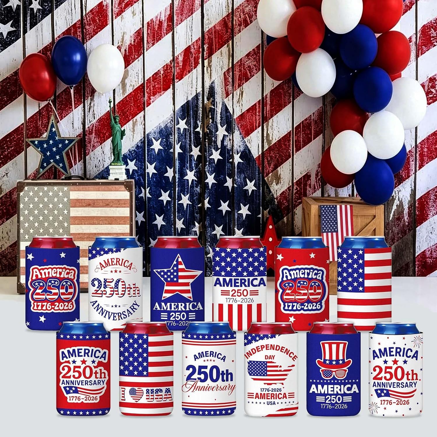 12 PCS 250th Anniversary Can Cooler Sleeves Set & Eco-Friendly Straws, Chloroprene Rubber Reusable, Fit for Beer & Beverages, Perfect 4th of July, Independence Day, Holiday and Party 5.04" x 3.94",