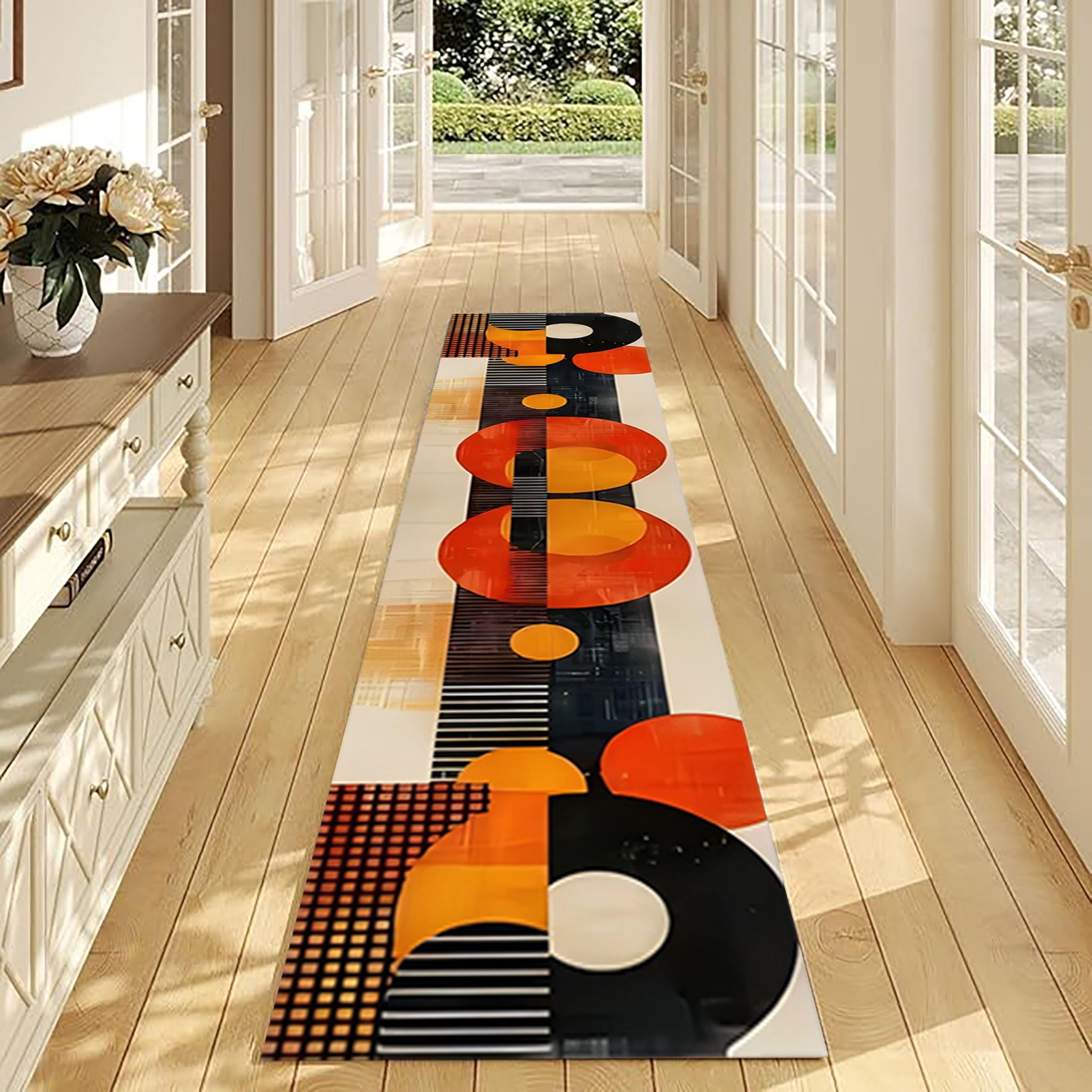 The Rug Orange120x300cm, Geometric Washable Abstract Art Circle Striped Non-Slip Long Runner Door Mat Indoor Dirt Trapper Anti Slip Floor Carpet Modern Rugs for Kitchen, Entrance, Corridor, Office