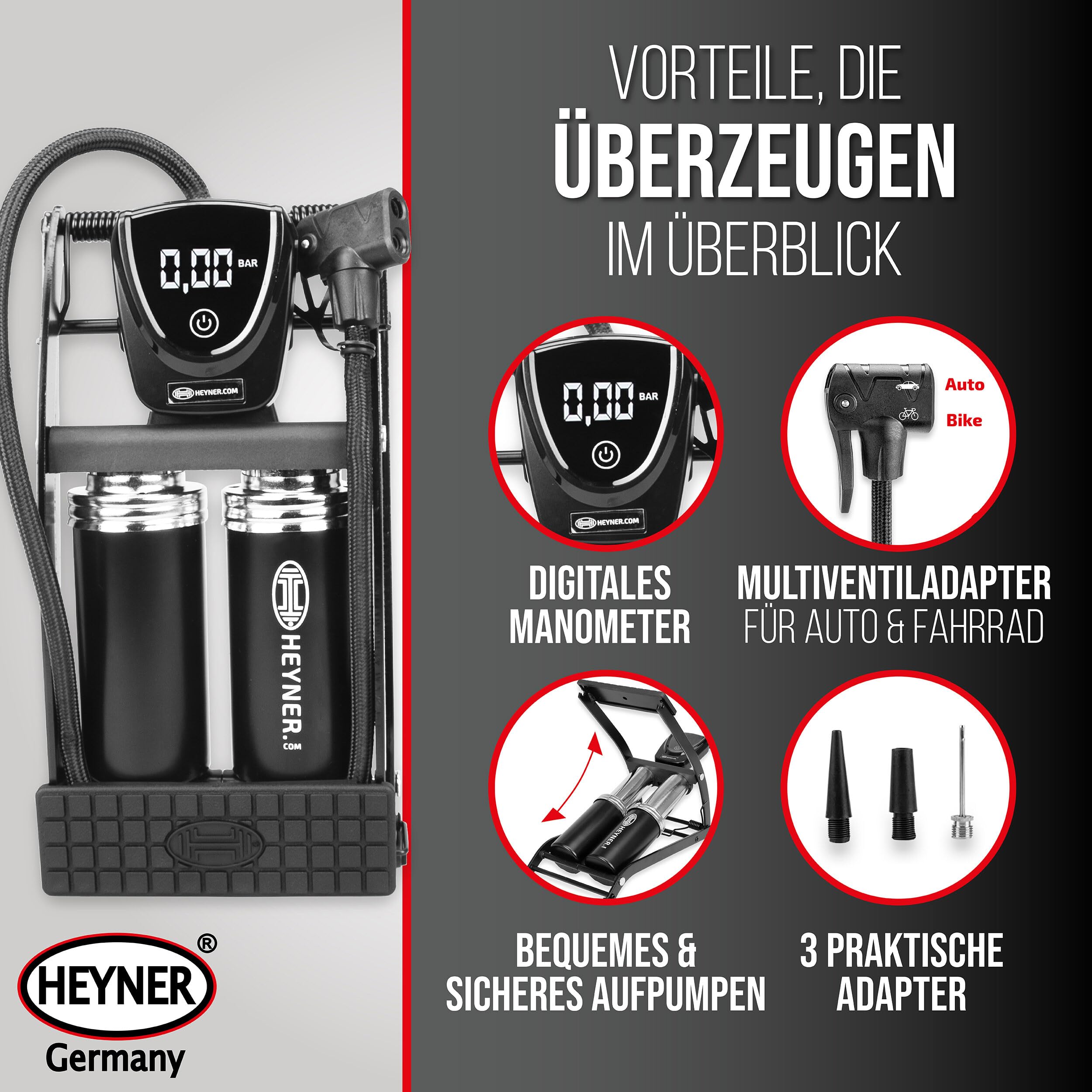 HEYNER® Pompe à air à Pied Double Cylindre manomètre Digital + Sac pédale Max Digital Pro Toutes valves Auto Moto vélo Ballon Portable